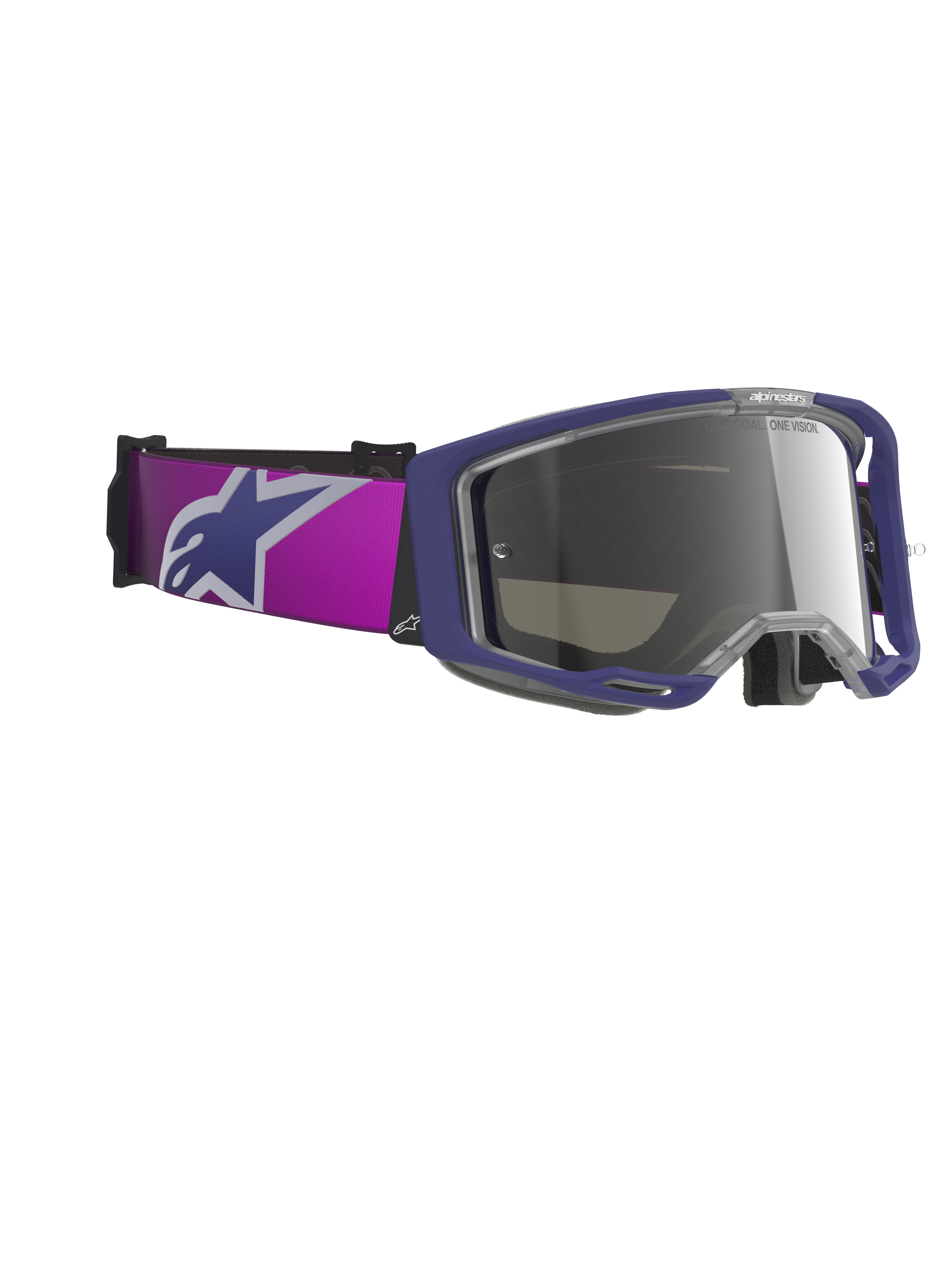 Alpinestars Vision 8 Corp Goggles, Motocross Goggles, Purple frame with Light Gray Mirror Silver lens, featuring a wide purple strap with a large Alpinestars logo, A-FLEX frame design, and tinted mirror lens, professional-grade off-road racing eyewear