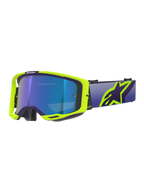 Alpinestars Vision 8 Corp Goggles, Motocross Goggles, Purple and Yellow Fluo frame with Mirror Blue tinted lens, featuring a wide purple strap and bold yellow Alpinestars logo, high-performance eyewear for off-road racing