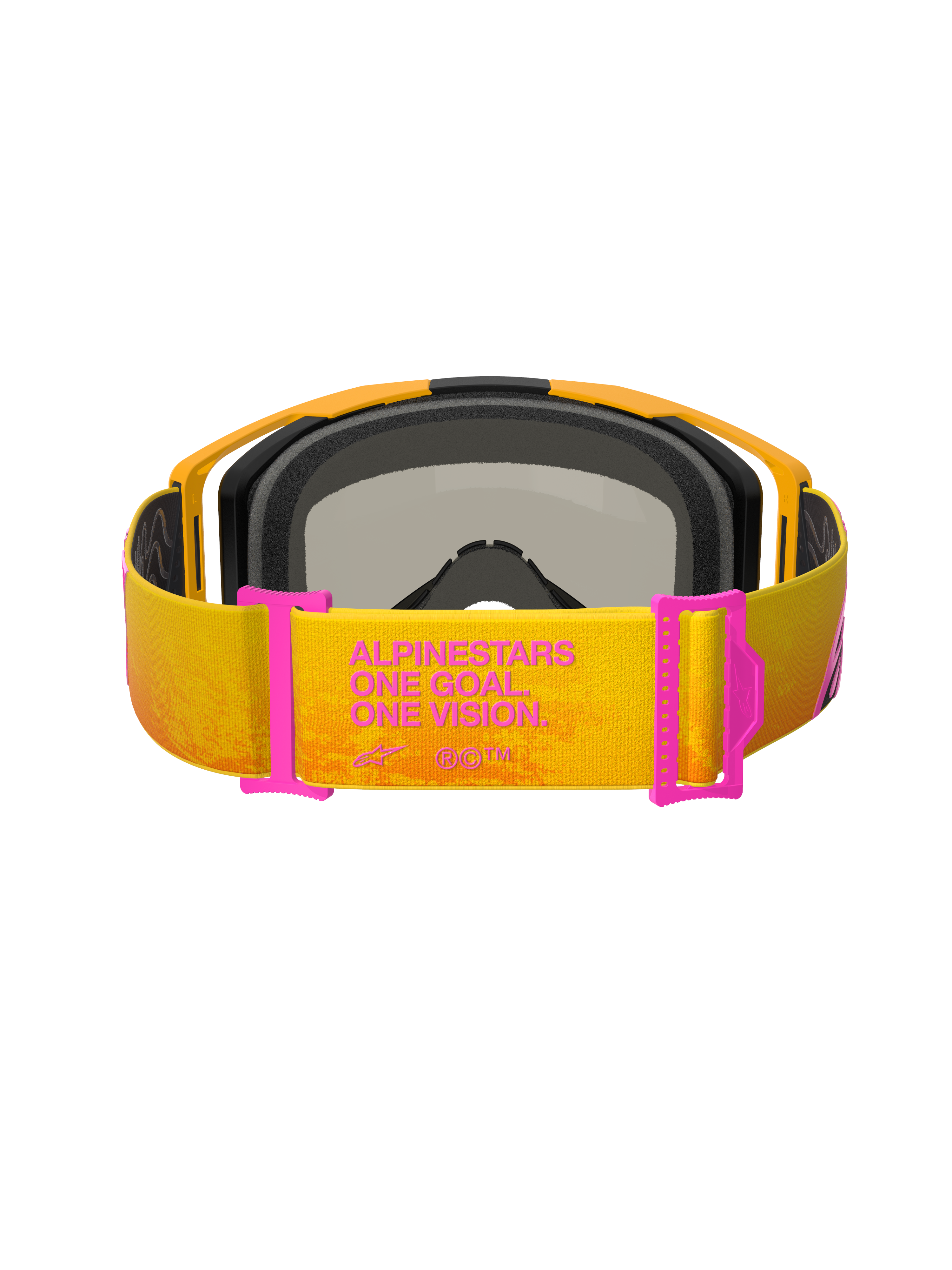 Alpinestars Vision 8 Corp Goggles, Motocross Goggles, Orange and Yellow with Pink accents, rear view showing the strap with 'ALPINESTARS ONE GOAL. ONE VISION.' text, pink strap adjusters, orange frame with black foam padding