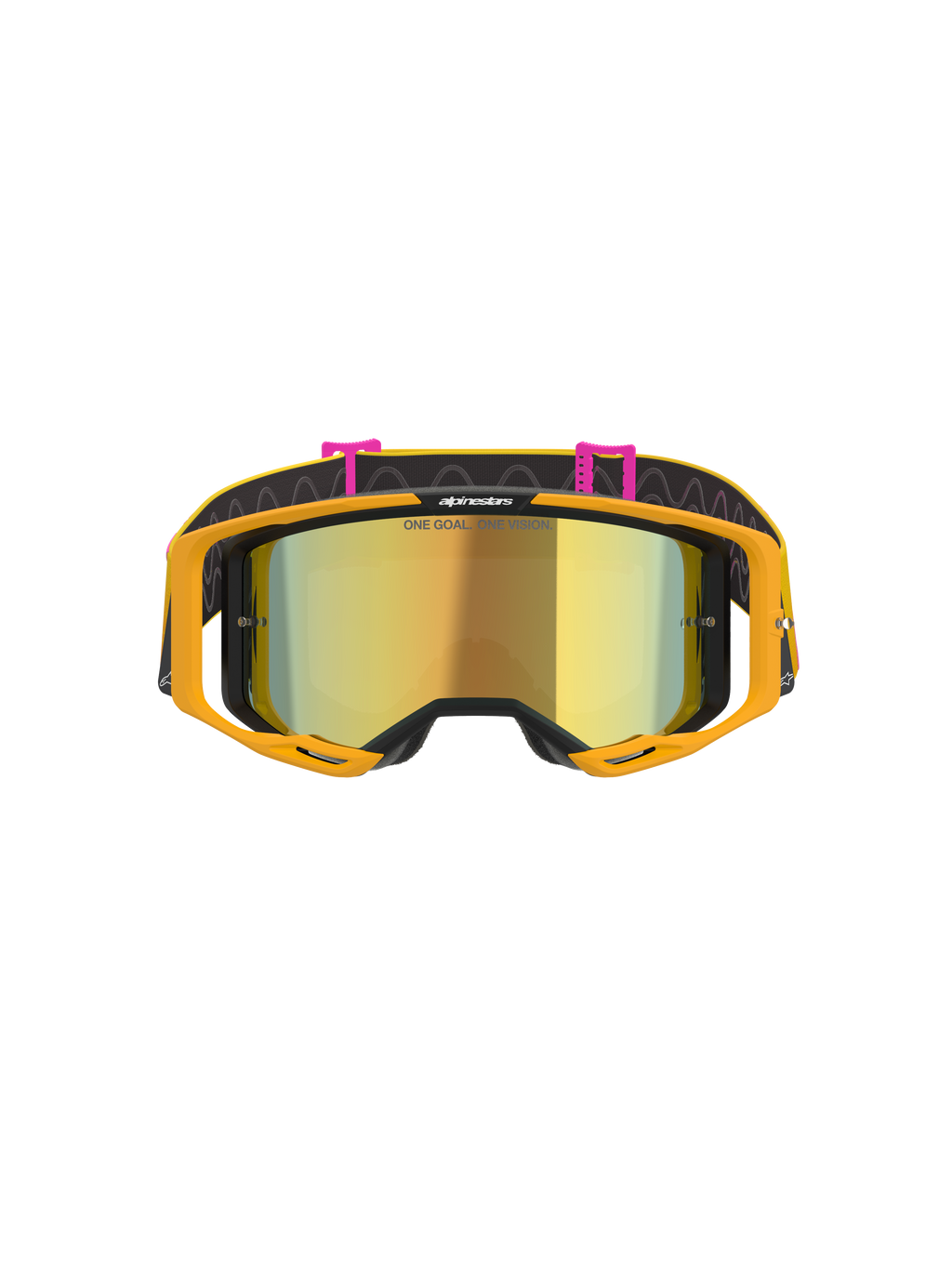 Alpinestars Vision 8 Corp Goggles, Motocross Goggles, Orange Yellow Pink Mirror Gold, front view featuring a mirrored gold lens with 'ONE GOAL. ONE VISION.' text, bright orange frame, and black strap with pink clips and wavy line patterns.