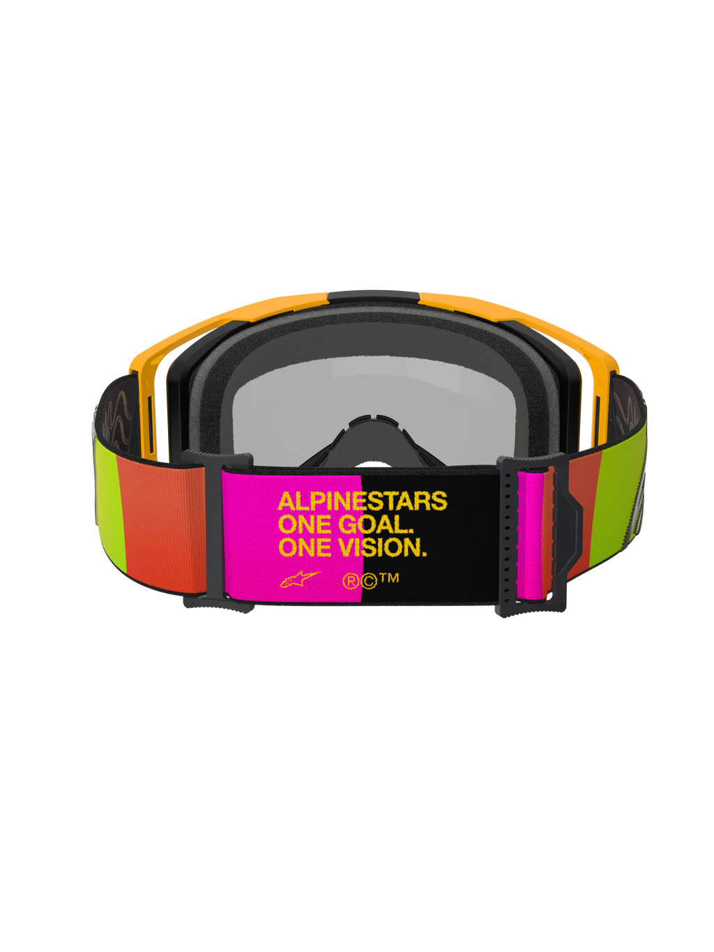 Alpinestars Vision 8 Corp Goggles, motorcrossbril, geel en roze, achteraanzicht met verstelbare band voorzien van de slogan "ALPINESTARS ONE GOAL. ONE VISION.", levendige limoengroene en oranje accenten, geel frame met grijs gezichtsschuim.