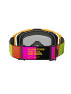 Alpinestars Vision 8 Corp Goggles, motorcrossbril, geel en roze, achteraanzicht met verstelbare band voorzien van de slogan "ALPINESTARS ONE GOAL. ONE VISION.", levendige limoengroene en oranje accenten, geel frame met grijs gezichtsschuim.