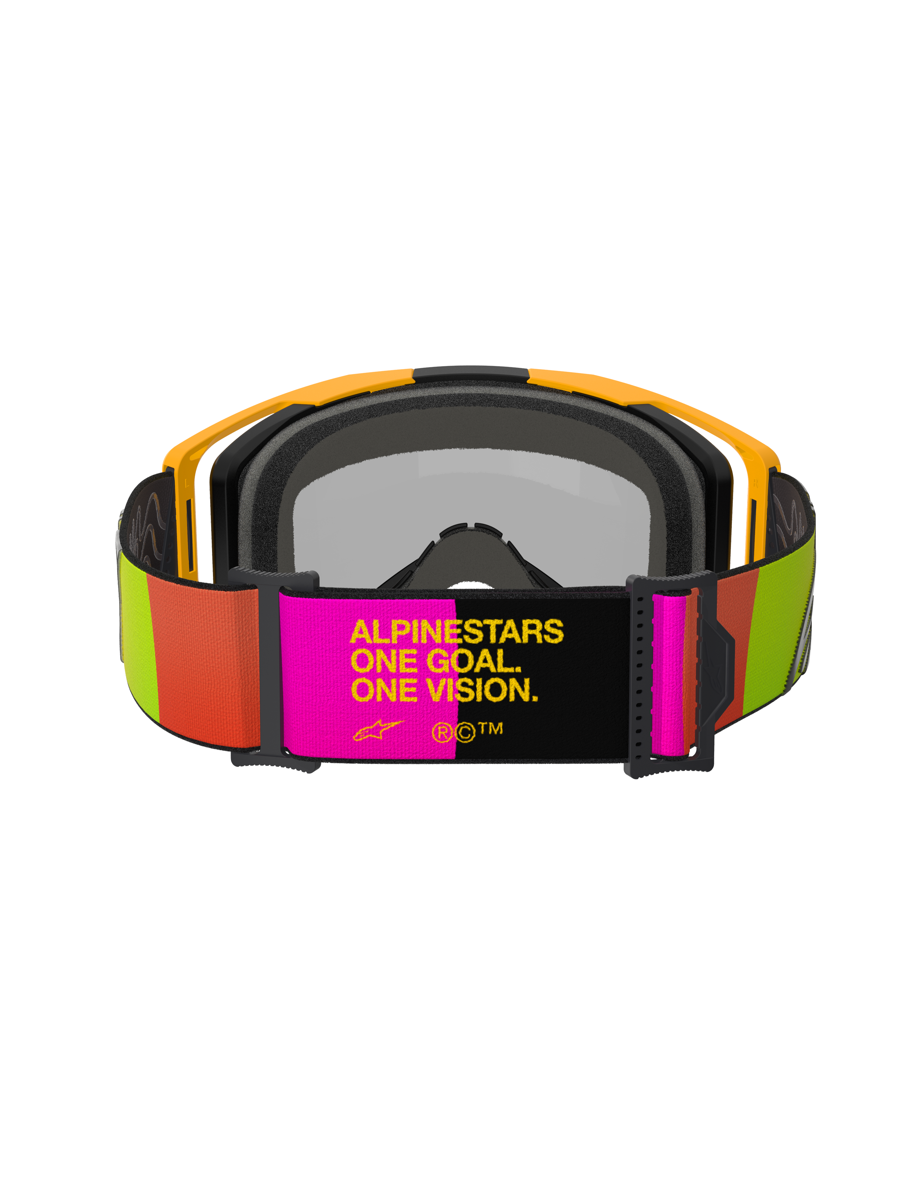 Alpinestars Vision 8 Corp Goggles, motorcrossbril, geel en roze, achteraanzicht met verstelbare band voorzien van de slogan "ALPINESTARS ONE GOAL. ONE VISION.", levendige limoengroene en oranje accenten, geel frame met grijs gezichtsschuim.