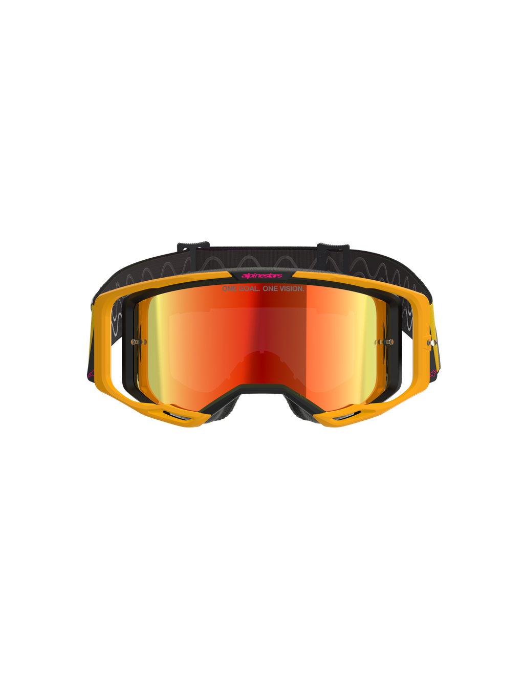 Alpinestars Vision 8 Corp Goggles, motorcrossbril, geel en roze met rood spiegelende lens, met een felgeel A-FLEX frame, rode reflecterende lens en een zwarte band met roze Alpinestars-branding en 'ONE GOAL. ONE VISION.' tekst, professionele oogbescherming voor off-road racing