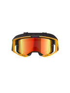 Alpinestars Vision 8 Corp Goggles, motorcrossbril, geel en roze met rood spiegelende lens, met een felgeel A-FLEX frame, rode reflecterende lens en een zwarte band met roze Alpinestars-branding en 'ONE GOAL. ONE VISION.' tekst, professionele oogbescherming voor off-road racing
