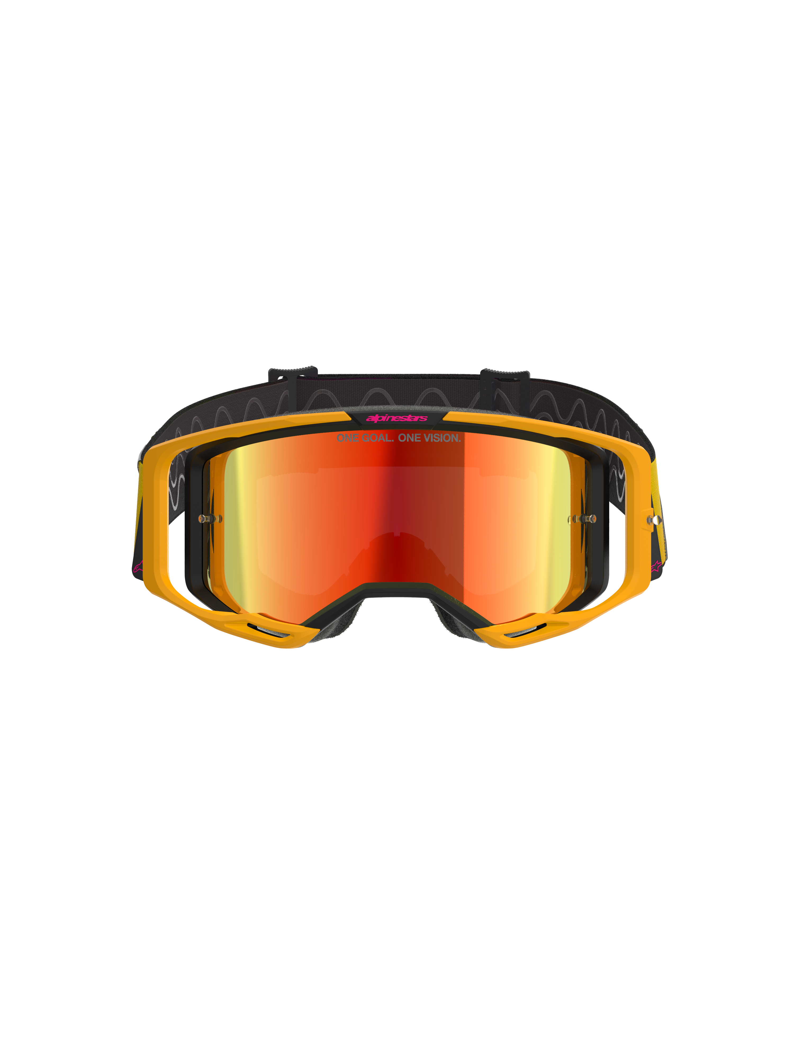 Alpinestars Vision 8 Corp Goggles, motorcrossbril, geel en roze met rood spiegelende lens, met een felgeel A-FLEX frame, rode reflecterende lens en een zwarte band met roze Alpinestars-branding en 'ONE GOAL. ONE VISION.' tekst, professionele oogbescherming voor off-road racing