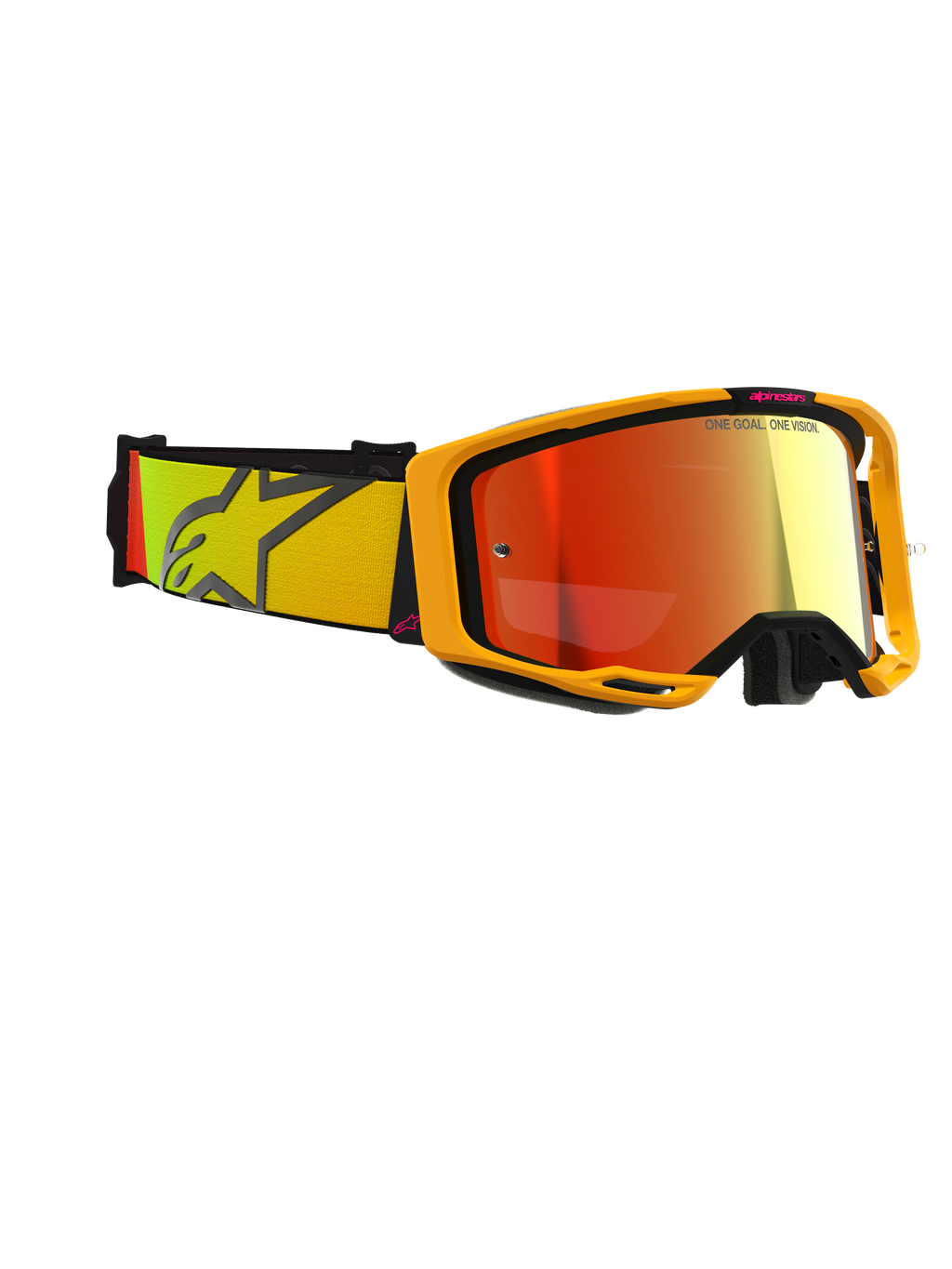 Alpinestars Vision 8 Corp Goggles, motorcrossbril, geel en roze met Mirror Red lens, brede geweven band met een geel en roze kleurverloop en een groot sterlogo, lichtgewicht A-FLEX frame met zwarte outriggers, hoogwaardige bril voor off-road racen.