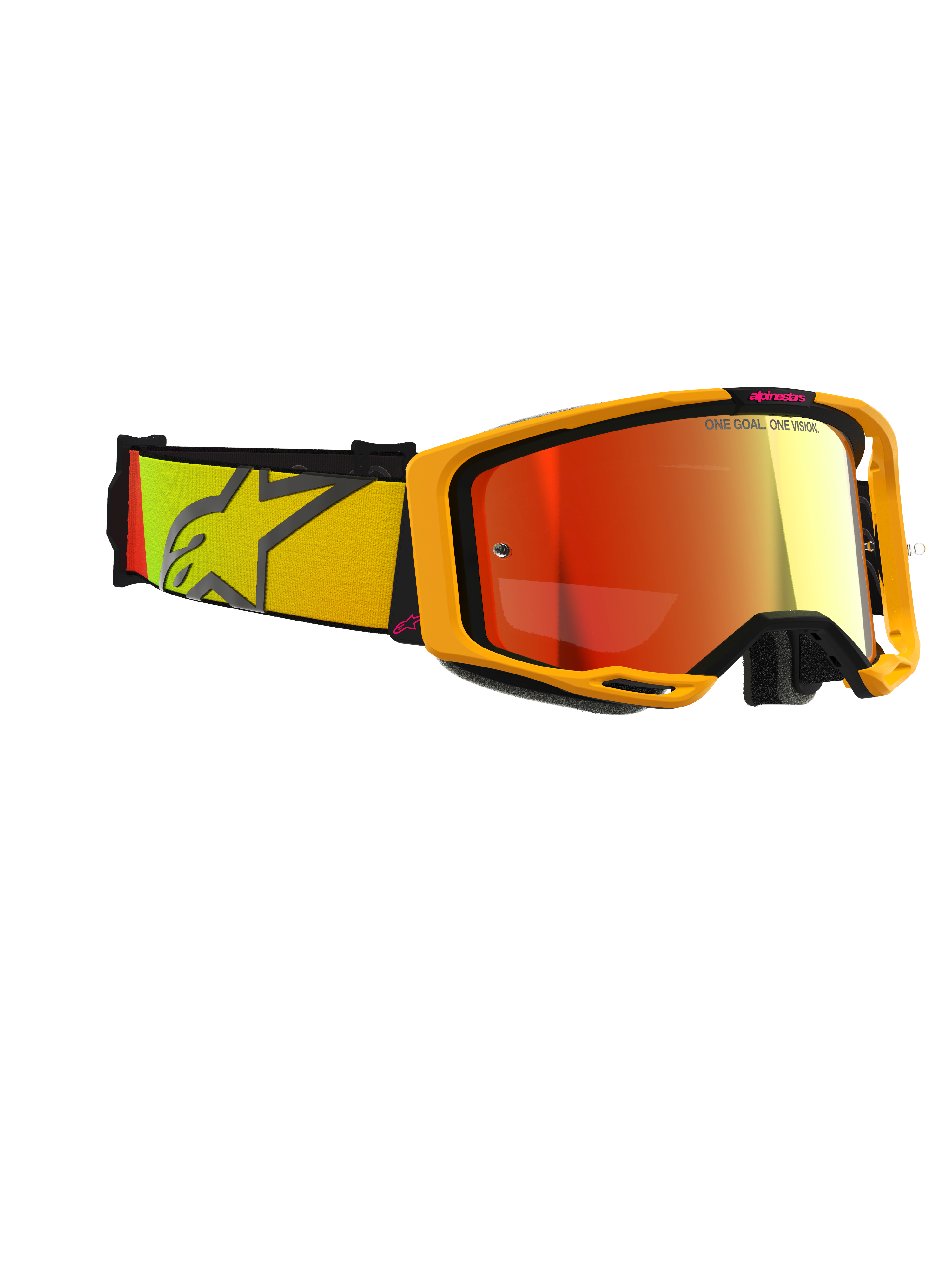 Alpinestars Vision 8 Corp Goggles, motorcrossbril, geel en roze met Mirror Red lens, brede geweven band met een geel en roze kleurverloop en een groot sterlogo, lichtgewicht A-FLEX frame met zwarte outriggers, hoogwaardige bril voor off-road racen.