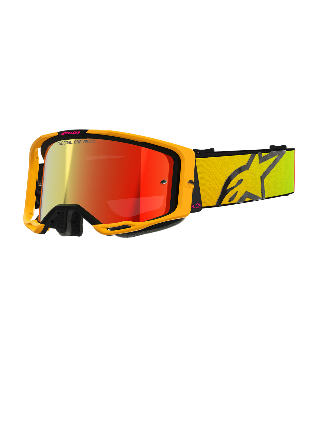 Alpinestars Vision 8 Corp crossbril, gele en roze motocrossbril, rode spiegelreflecterende lens, brede gele band met groot zwart sterlogo, 'ONE GOAL. ONE VISION.' branding, professionele off-road racebril