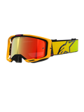 Alpinestars Vision 8 Corp crossbril, gele en roze motocrossbril, rode spiegelreflecterende lens, brede gele band met groot zwart sterlogo, 'ONE GOAL. ONE VISION.' branding, professionele off-road racebril