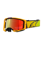 Alpinestars Vision 8 Corp crossbril, gele en roze motocrossbril, rode spiegelreflecterende lens, brede gele band met groot zwart sterlogo, 'ONE GOAL. ONE VISION.' branding, professionele off-road racebril
