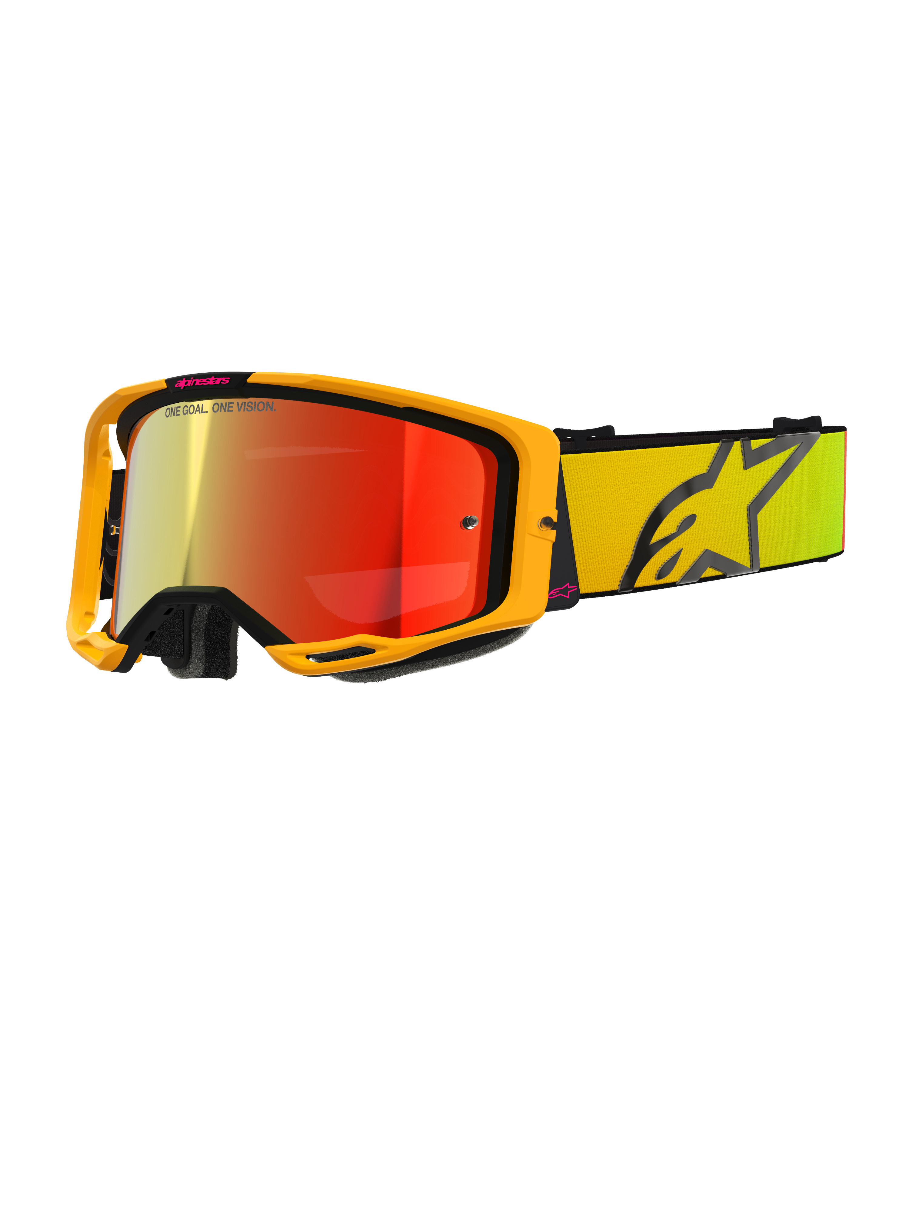 Alpinestars Vision 8 Corp crossbril, gele en roze motocrossbril, rode spiegelreflecterende lens, brede gele band met groot zwart sterlogo, 'ONE GOAL. ONE VISION.' branding, professionele off-road racebril