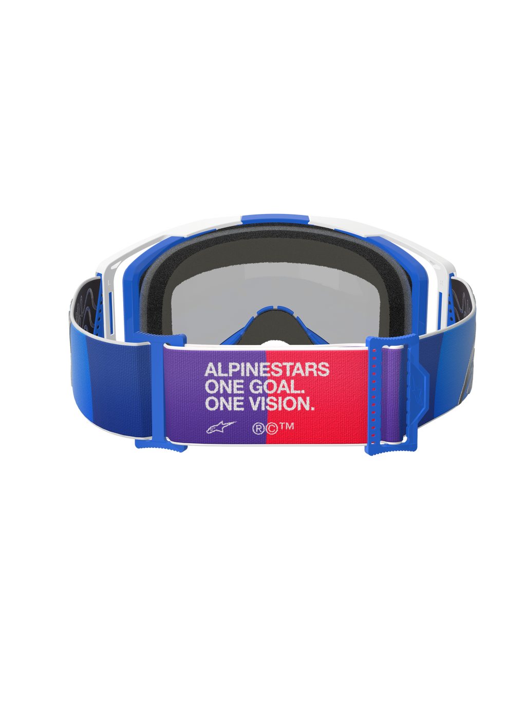 Alpinestars Vision 8 Corp Goggles, blauw wit en Mirror Blue, achteraanzicht, blauwe band met paars en rood centraal vlak met de tekst 'ALPINESTARS ONE GOAL. ONE VISION.', wit en blauw frame met zwarte schuimvulling, motorcrossbril