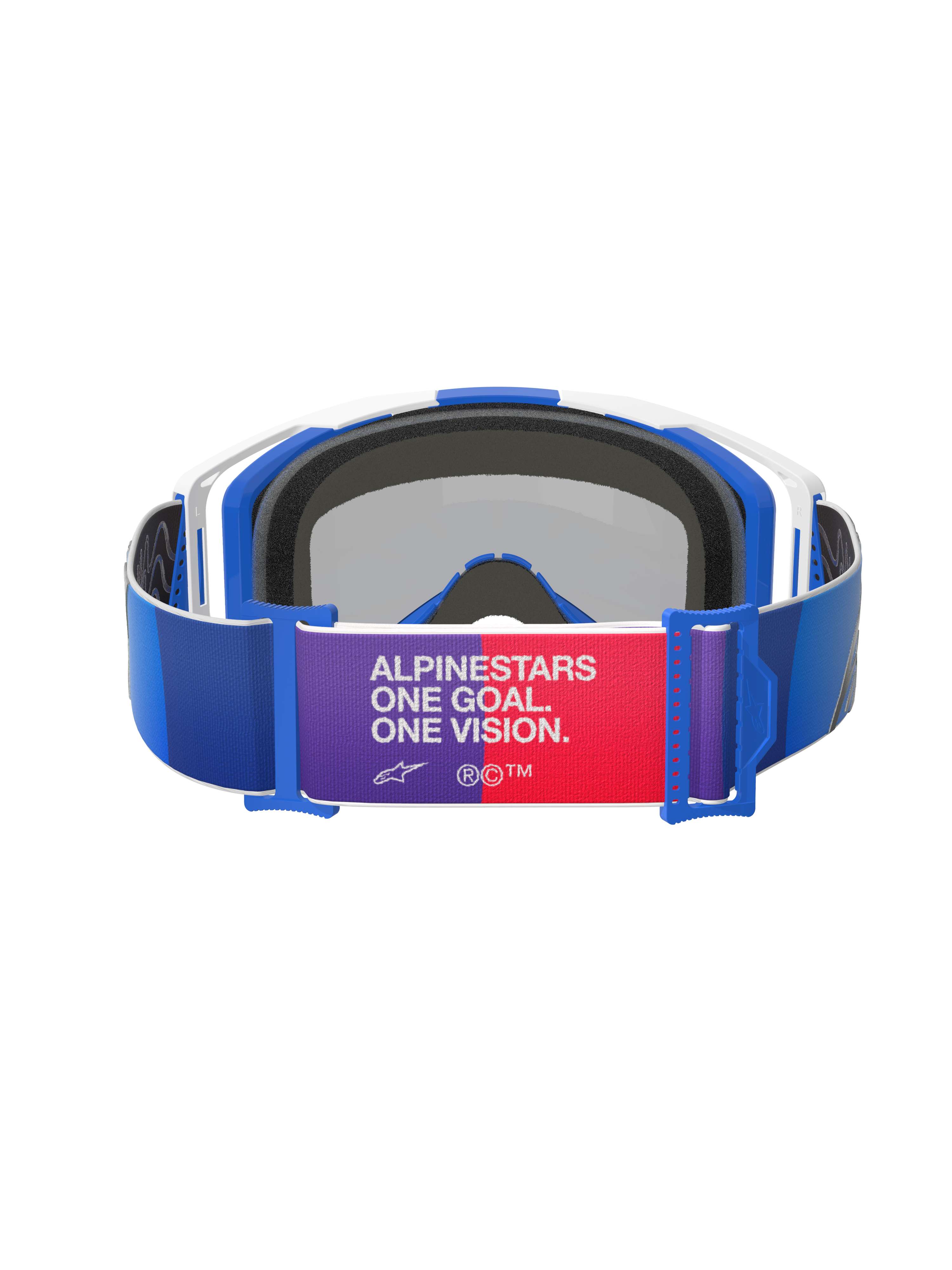 Alpinestars Vision 8 Corp Goggles, blauw wit en Mirror Blue, achteraanzicht, blauwe band met paars en rood centraal vlak met de tekst 'ALPINESTARS ONE GOAL. ONE VISION.', wit en blauw frame met zwarte schuimvulling, motorcrossbril