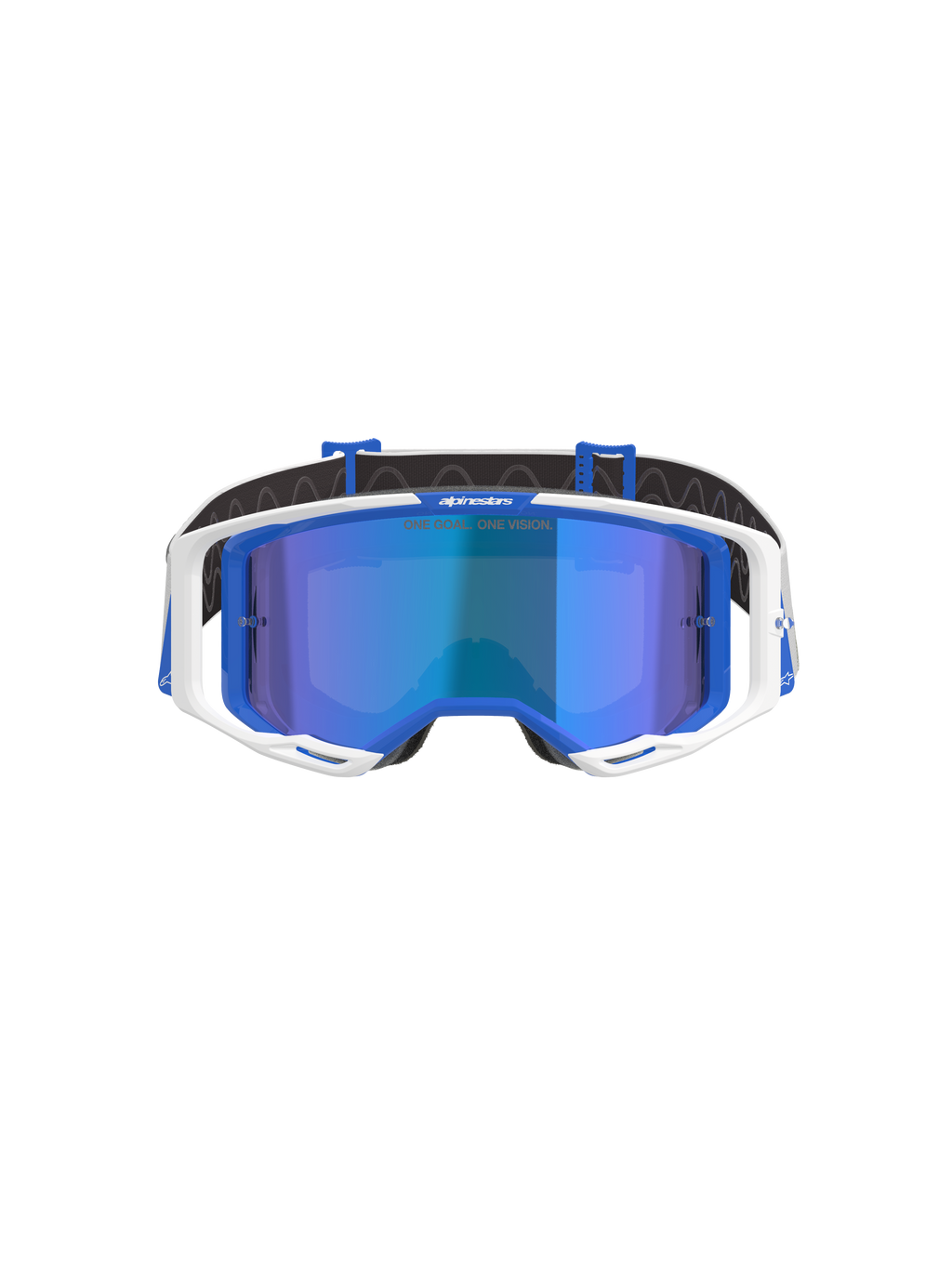 Alpinestars Vision 8 Corp crossbril, motorcrossbril, blauw en wit met Mirror Blue lens, met een wit buitenframe, blauwe binnenaccenten en 'One Goal. One Vision.' branding op de spiegelende lens, ontworpen voor off-road raceprestaties