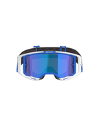 Alpinestars Vision 8 Corp crossbril, motorcrossbril, blauw en wit met Mirror Blue lens, met een wit buitenframe, blauwe binnenaccenten en 'One Goal. One Vision.' branding op de spiegelende lens, ontworpen voor off-road raceprestaties