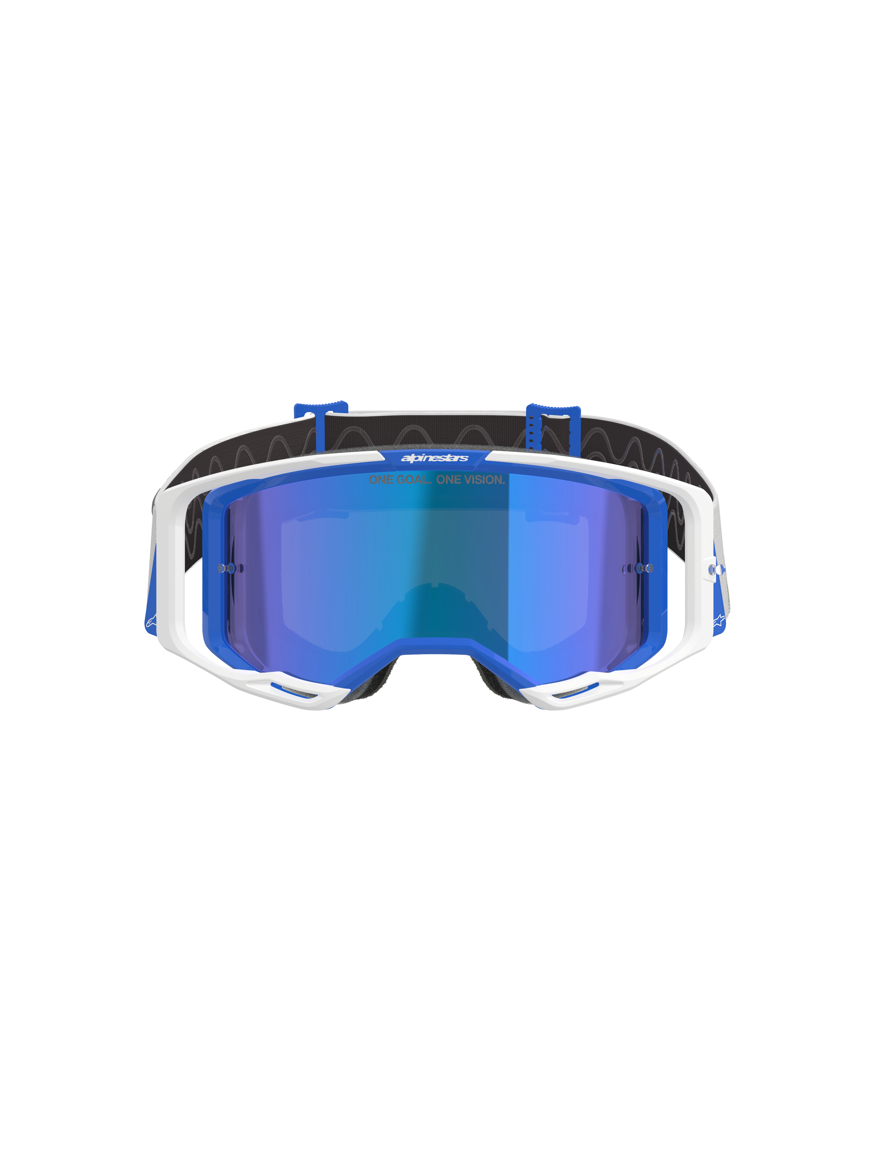 Alpinestars Vision 8 Corp crossbril, motorcrossbril, blauw en wit met Mirror Blue lens, met een wit buitenframe, blauwe binnenaccenten en 'One Goal. One Vision.' branding op de spiegelende lens, ontworpen voor off-road raceprestaties