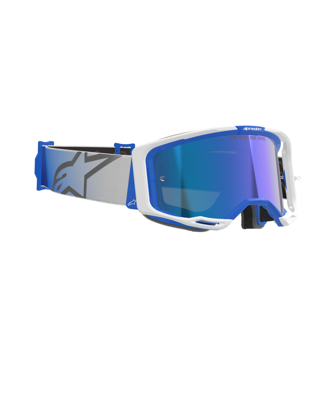 Alpinestars Vision 8 Corp Goggles, motorcrossbril, blauw en wit met Mirror Blue lens, lichtgrijze geweven band voorzien van een blauw sterlogo, slank A-FLEX frameontwerp met gespiegelde lens voor off-road racing
