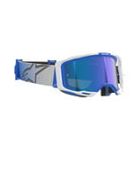 Alpinestars Vision 8 Corp Goggles, motorcrossbril, blauw en wit met Mirror Blue lens, lichtgrijze geweven band voorzien van een blauw sterlogo, slank A-FLEX frameontwerp met gespiegelde lens voor off-road racing