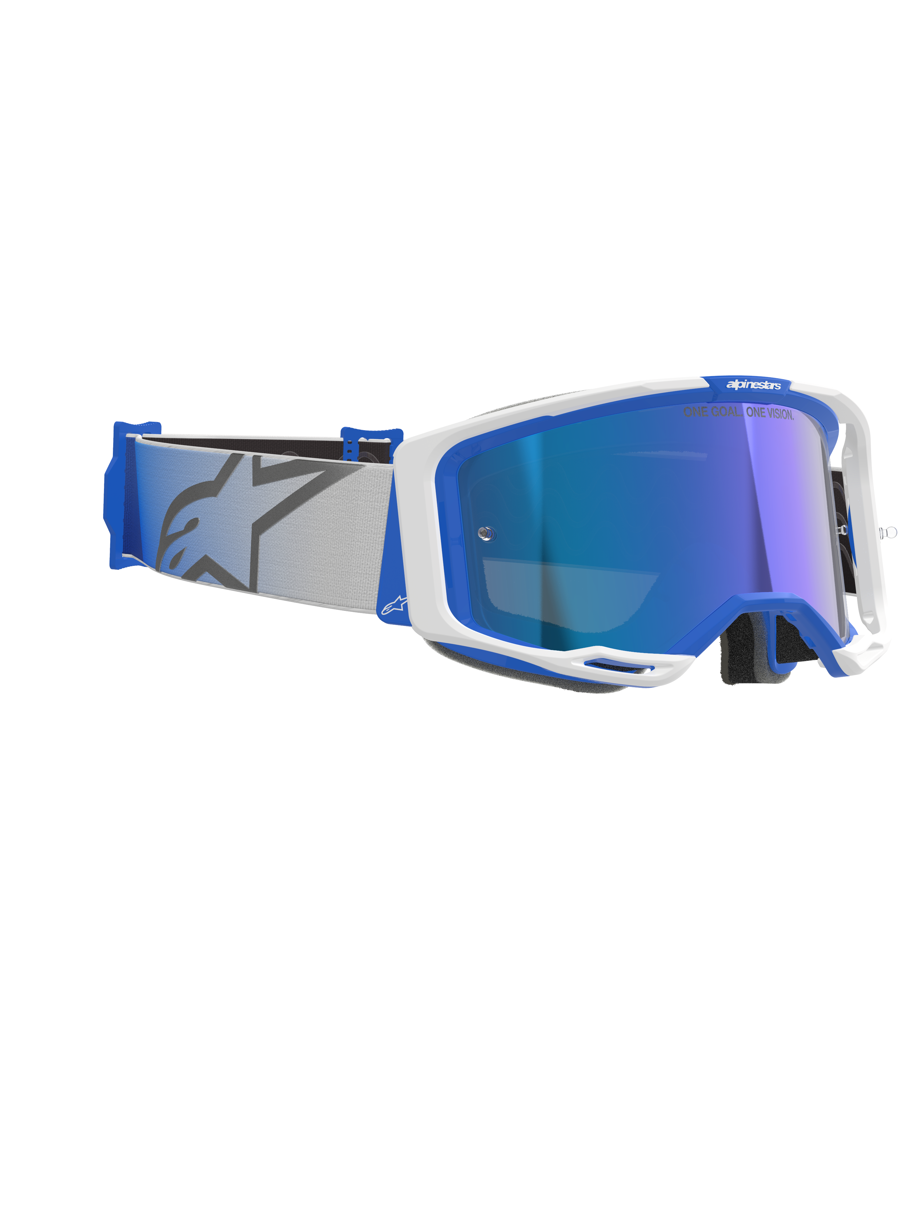 Alpinestars Vision 8 Corp Goggles, motorcrossbril, blauw en wit met Mirror Blue lens, lichtgrijze geweven band voorzien van een blauw sterlogo, slank A-FLEX frameontwerp met gespiegelde lens voor off-road racing