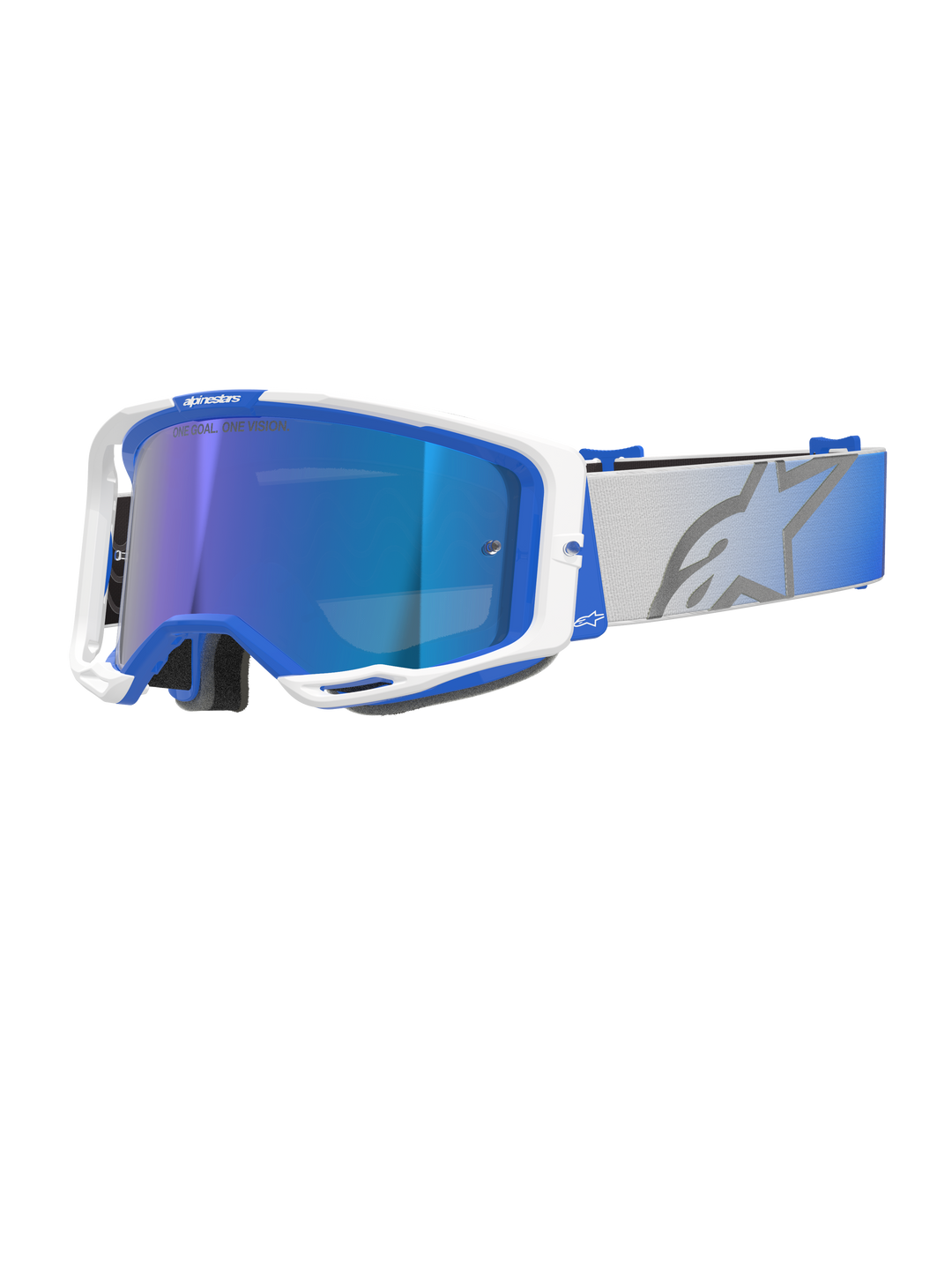 Alpinestars Vision 8 Corp motorcrossbril, motocross goggles, blauw en wit frame, reflecterende blauwe spiegellens met paarse tint, brede verstelbare grijze band met blauw kleurverloop en groot sterlogo, voorzien van RAM-AIR ventilatie en 'ONE GOAL. ONE VISION.' branding