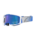 Alpinestars Vision 8 Corp motorcrossbril, motocross goggles, blauw en wit frame, reflecterende blauwe spiegellens met paarse tint, brede verstelbare grijze band met blauw kleurverloop en groot sterlogo, voorzien van RAM-AIR ventilatie en 'ONE GOAL. ONE VISION.' branding