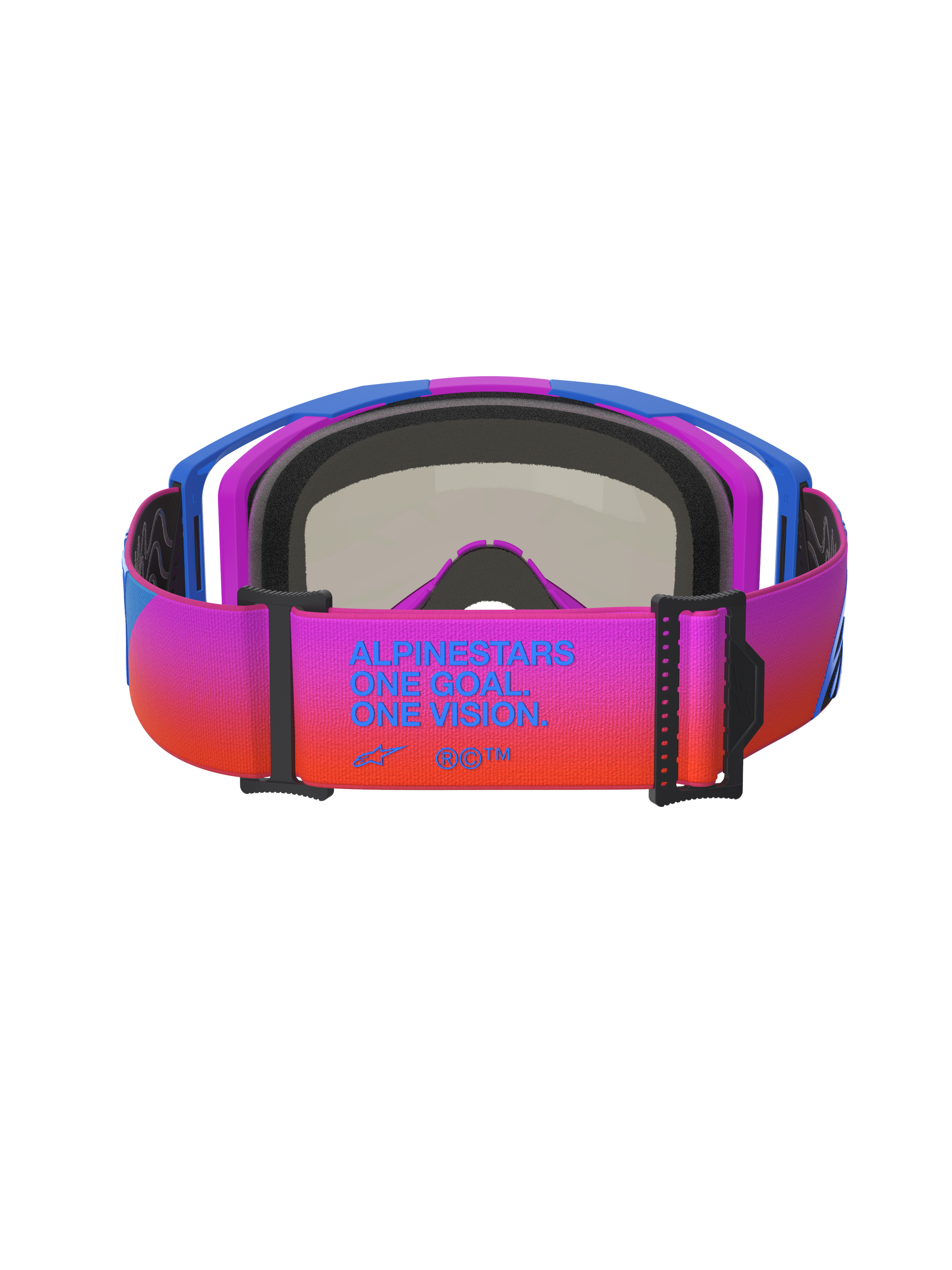 Alpinestars Vision 8 Corp Goggles, Motocross Goggles, back view featuring a vibrant purple to orange gradient strap with blue 'ALPINESTARS ONE GOAL. ONE VISION.' text, blue and purple frame with black face foam, elite off-road performance eyewear