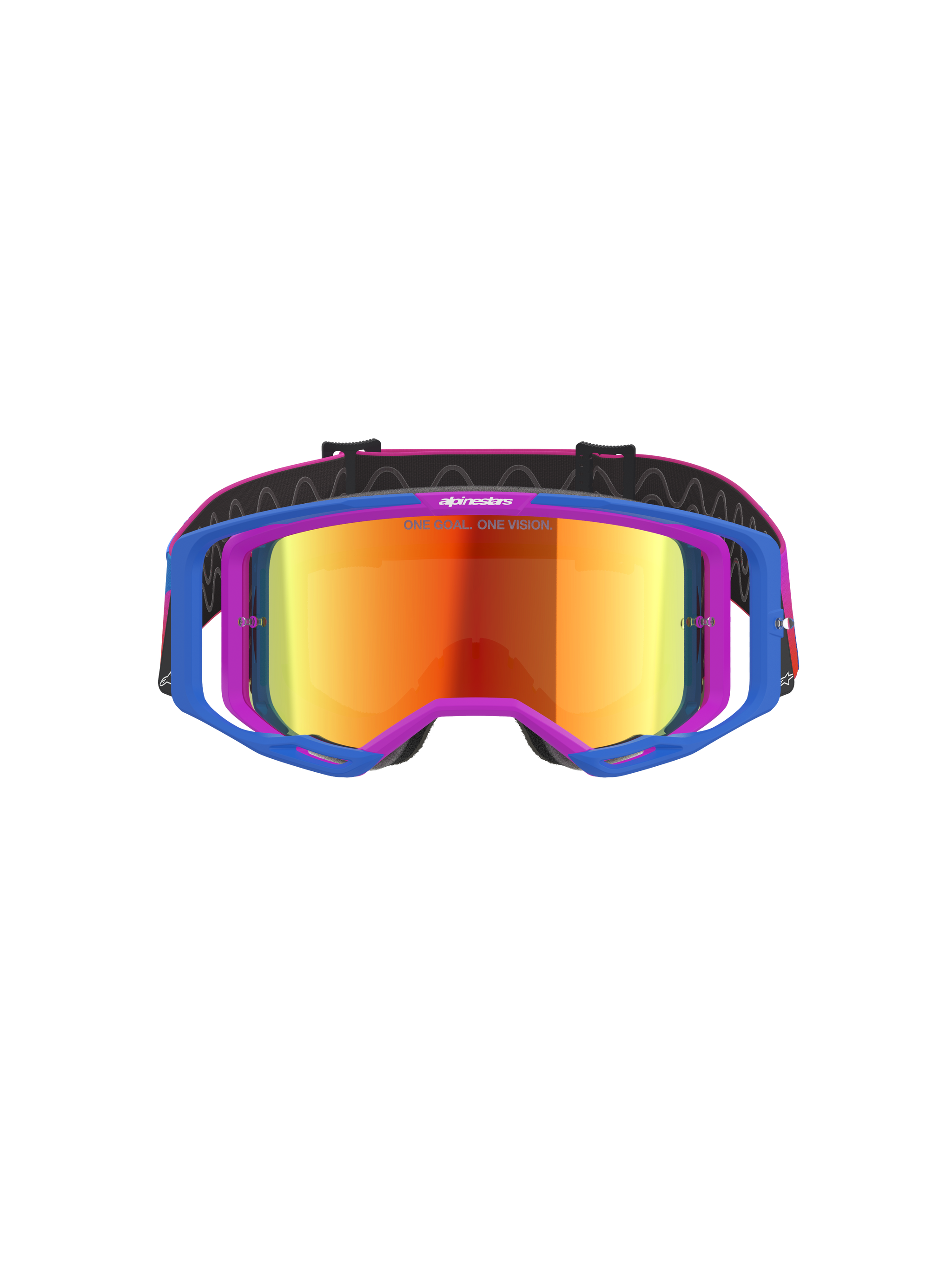 Alpinestars Vision 8 Corp Goggles, Motocross Goggles, Blue and Purple frame with Orange and Red Mirror lens, featuring blue outriggers and pink strap, performance eyewear for off-road and motocross racing