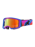 Alpinestars Vision 8 Corp Goggles, motocross goggles with a blue and purple A-FLEX frame, orange mirror lens featuring 'ONE GOAL. ONE VISION.' branding, gradient pink to orange strap with a large black star logo, high-performance off-road eye protection