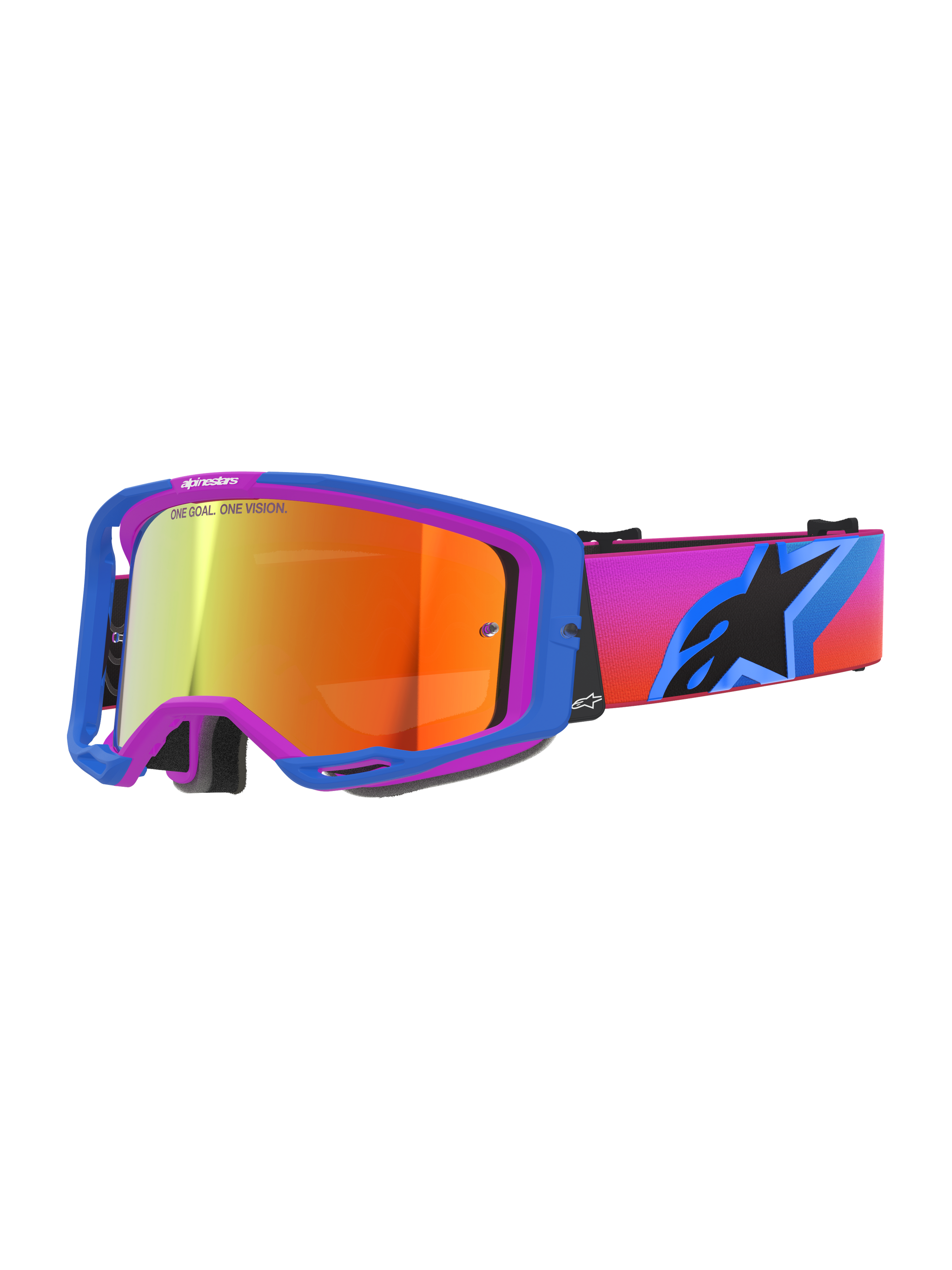 Alpinestars Vision 8 Corp Goggles, Motocross Goggles, UCLA Blue and Purple frame, Mirror Red tinted lens, vibrant gradient strap with Alpinestars star logo, professional off-road racing eyewear