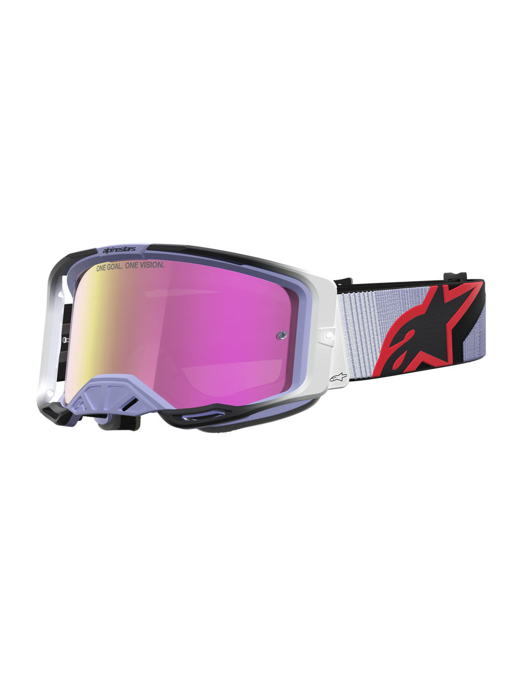 Alpinestars Vision 8 Maven veiligheidsbril, motocrossbril in lavendel en zwart met een roze spiegelende anti-condens lens en RAM-AIR-ventilatie.