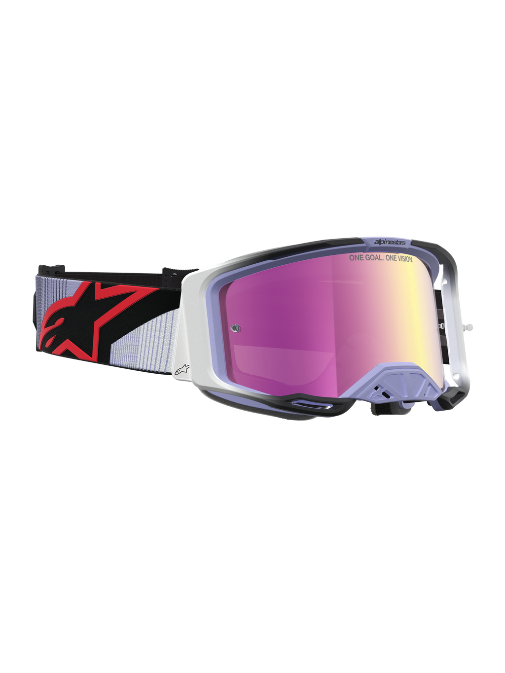 Alpinestars Vision 8 Maven veiligheidsbril, motocrossbril in lavendel en zwart met roze spiegellens en RAM-AIR ventilatie.