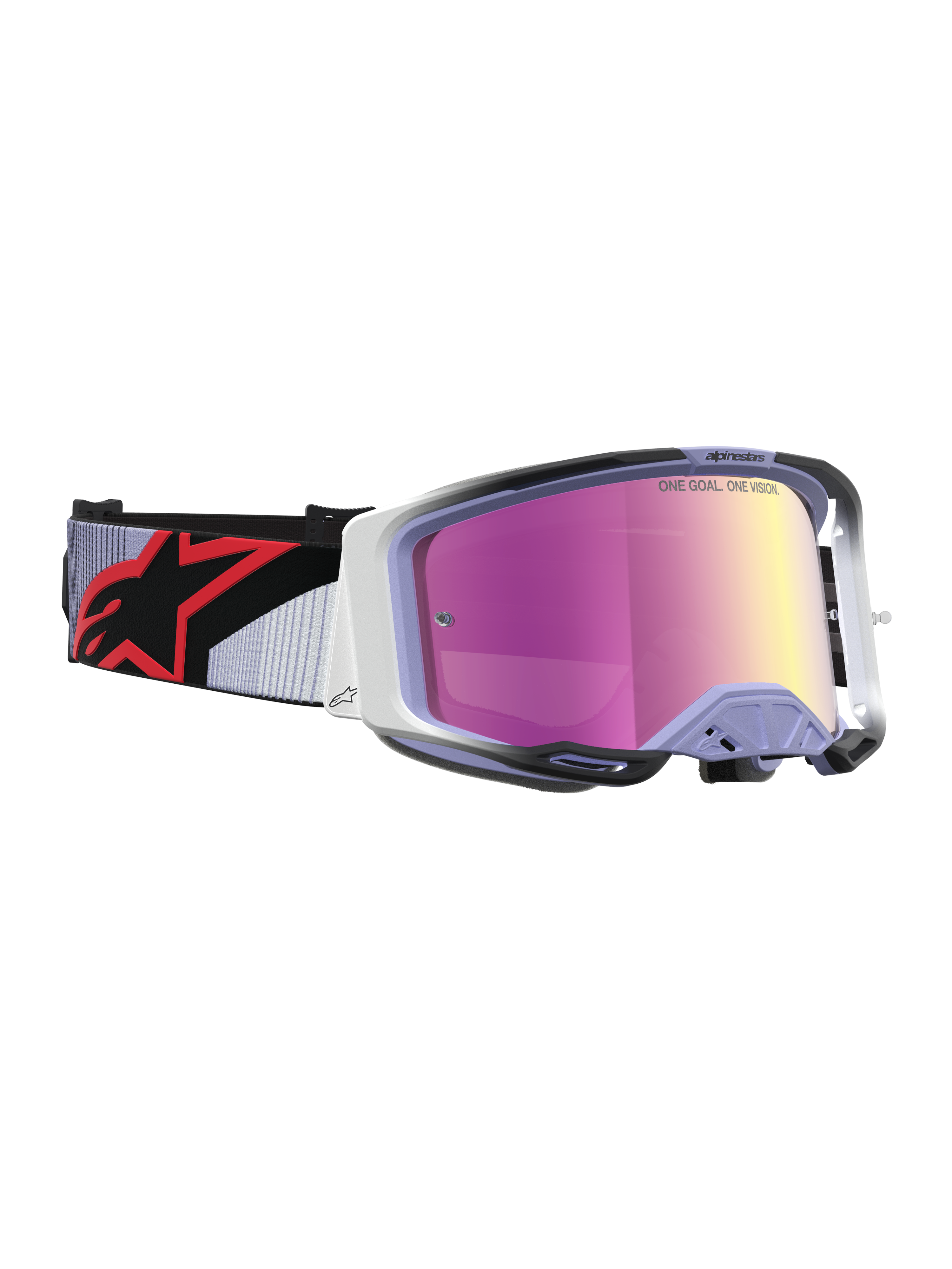 Alpinestars Vision 8 Maven veiligheidsbril, motocrossbril in lavendel en zwart met roze spiegellens en RAM-AIR ventilatie.
