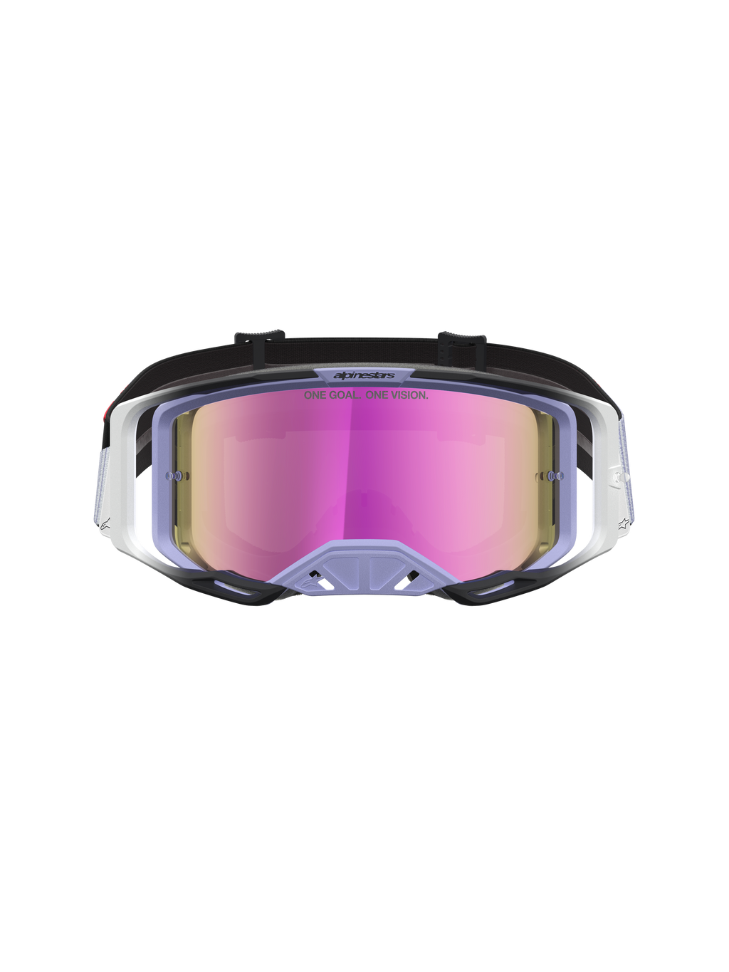 Alpinestars Vision 8 Maven MX-veiligheidsbril, lavendel en zwart met roze spiegelglas, A-FLEX frame en RAM-AIR ventilatie.