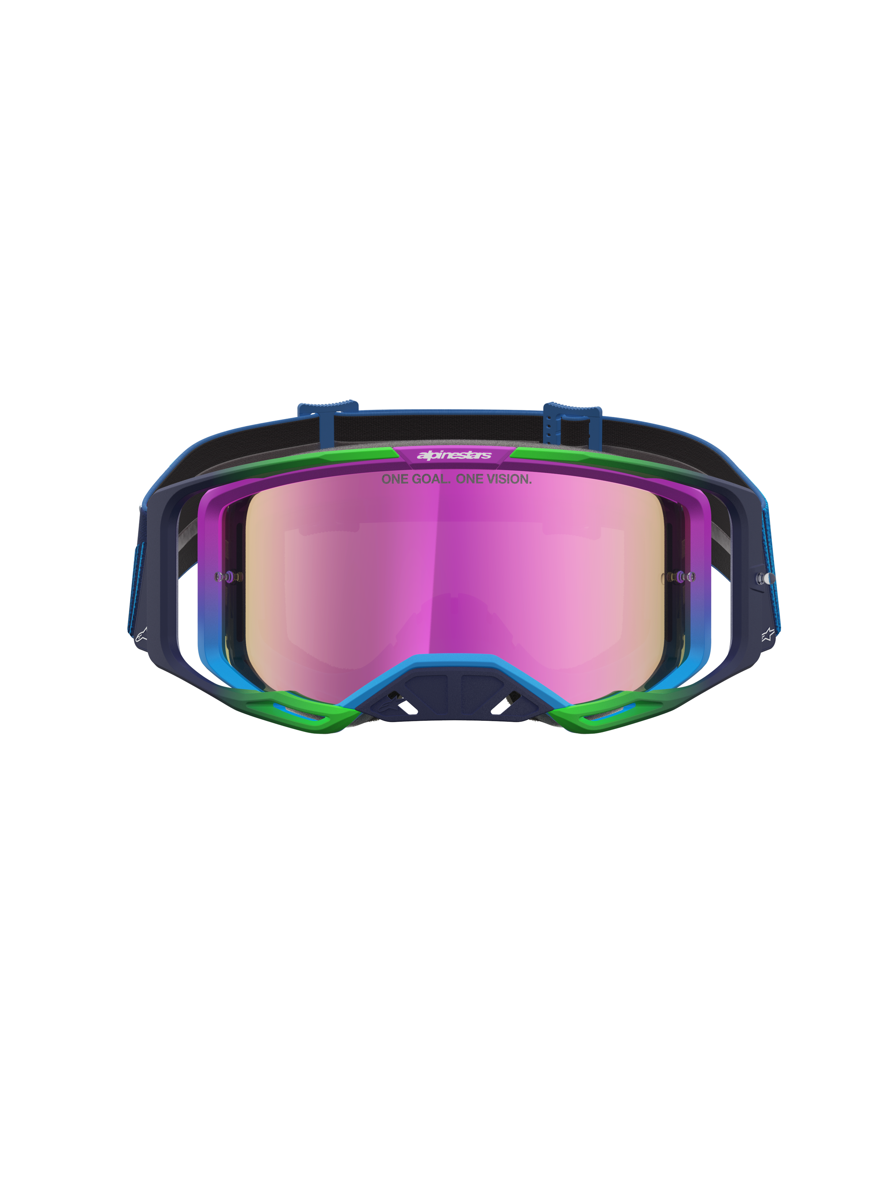 Alpinestars Vision 8 Maven Goggles, Blue and Pink Motocross Goggles with mirror lens, A-FLEX frame, and RAM-AIR ventilation.