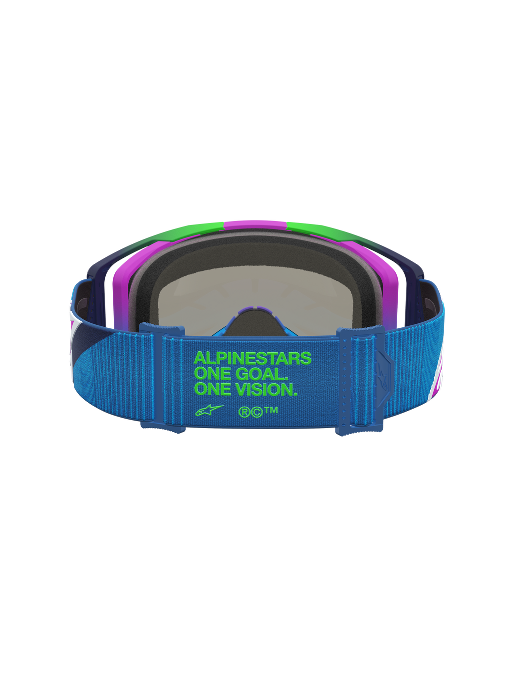 Alpinestars Vision 8 Maven Goggles, Motocross Racing, Blue and Purple, blue strap with green One Goal One Vision logo.