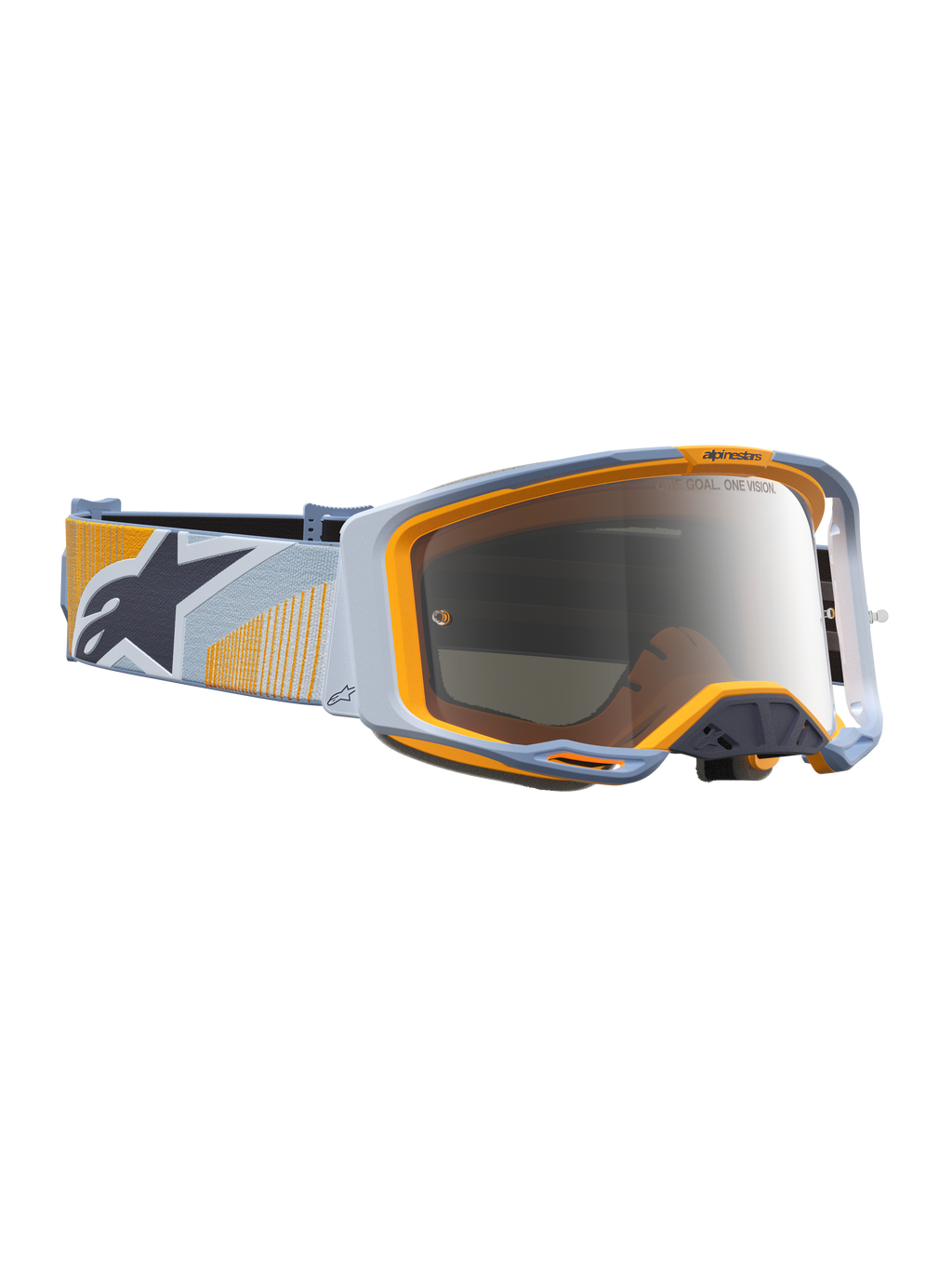 Alpinestars Vision 8 Maven veiligheidsbril, motorcrossbril voor racing, blauw en oranje met zilveren spiegellens.