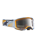 Alpinestars Vision 8 Maven veiligheidsbril, motorcrossbril voor racing, blauw en oranje met zilveren spiegellens.