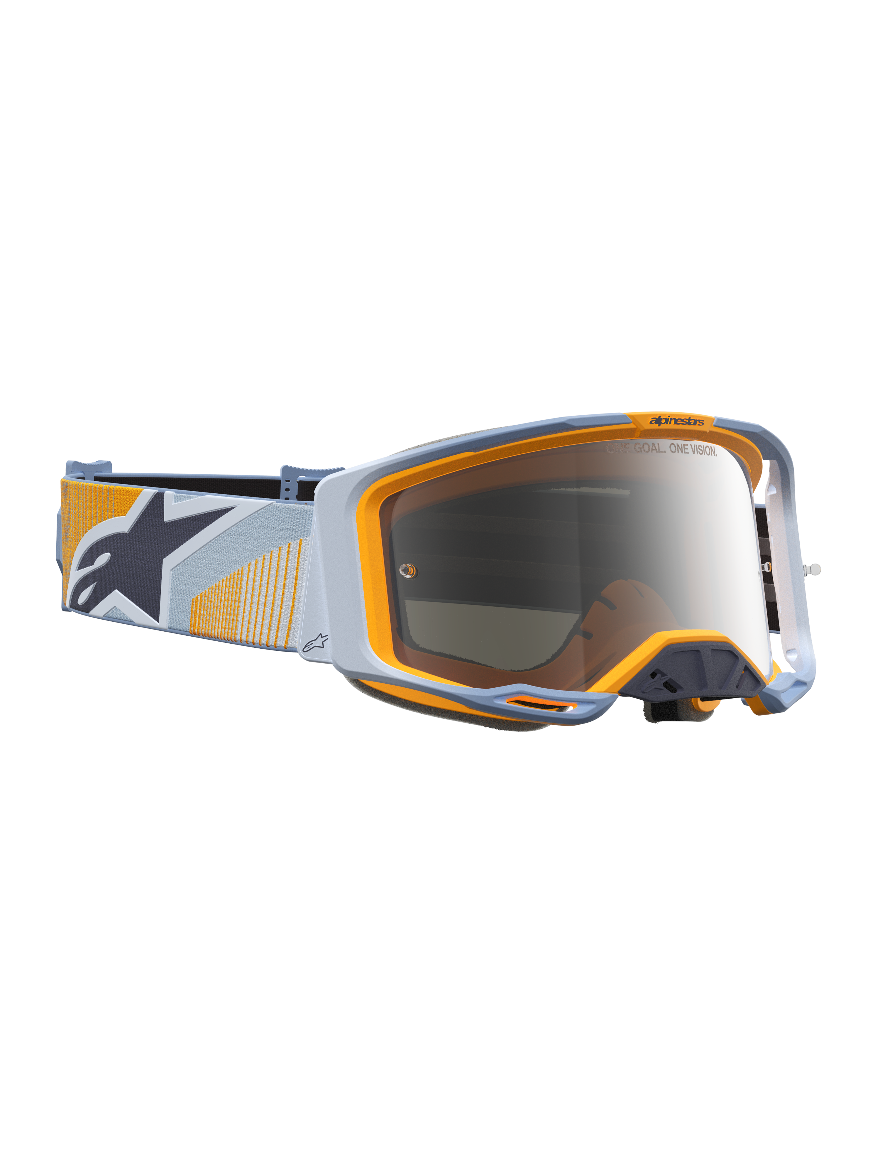 Alpinestars Vision 8 Maven veiligheidsbril, motorcrossbril voor racing, blauw en oranje met zilveren spiegellens.