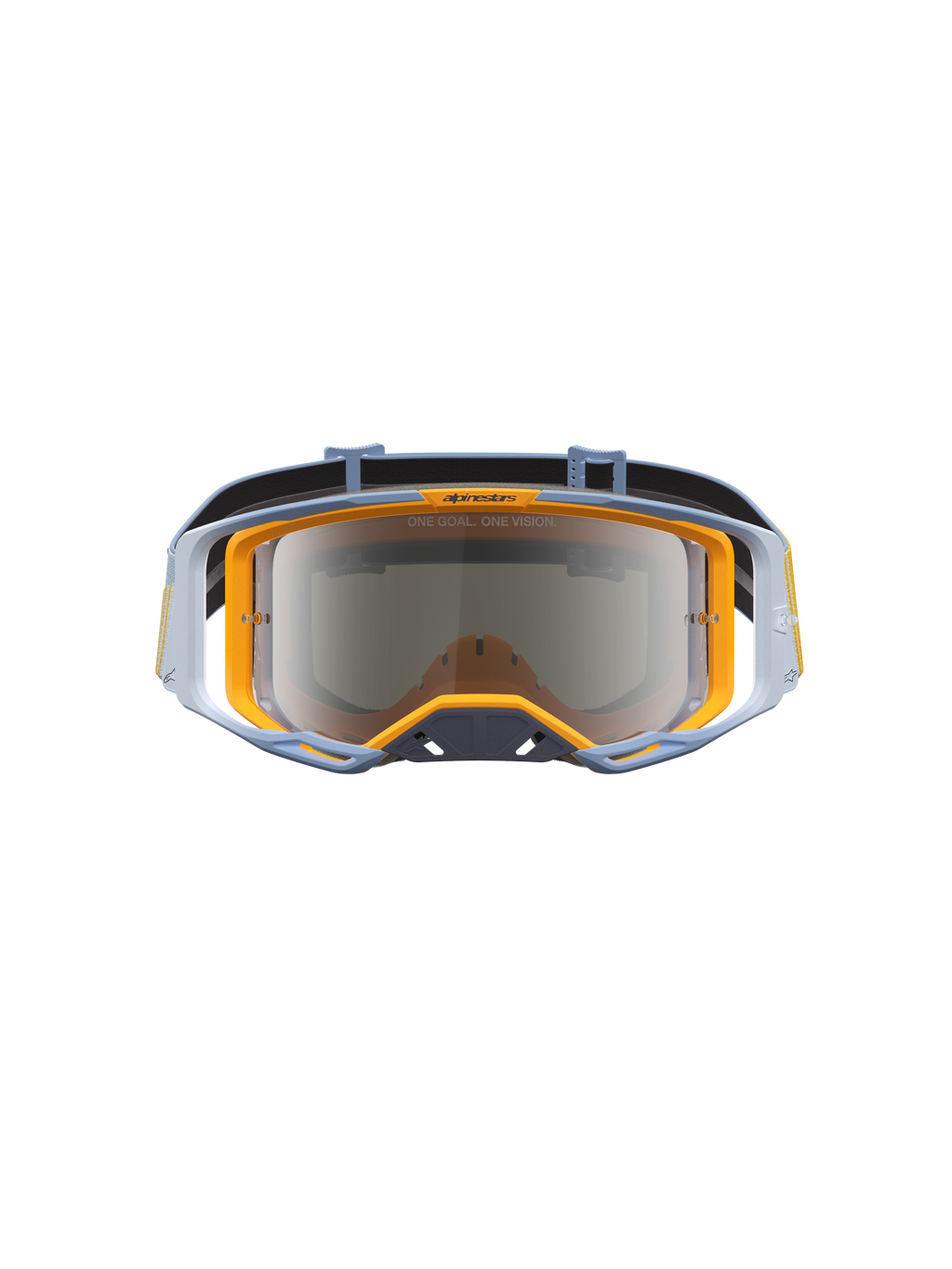 Alpinestars Vision 8 Maven veiligheidsbril voor motorcross, stofblauw en oranje, zilveren spiegellens en RAM-AIR ventilatie.