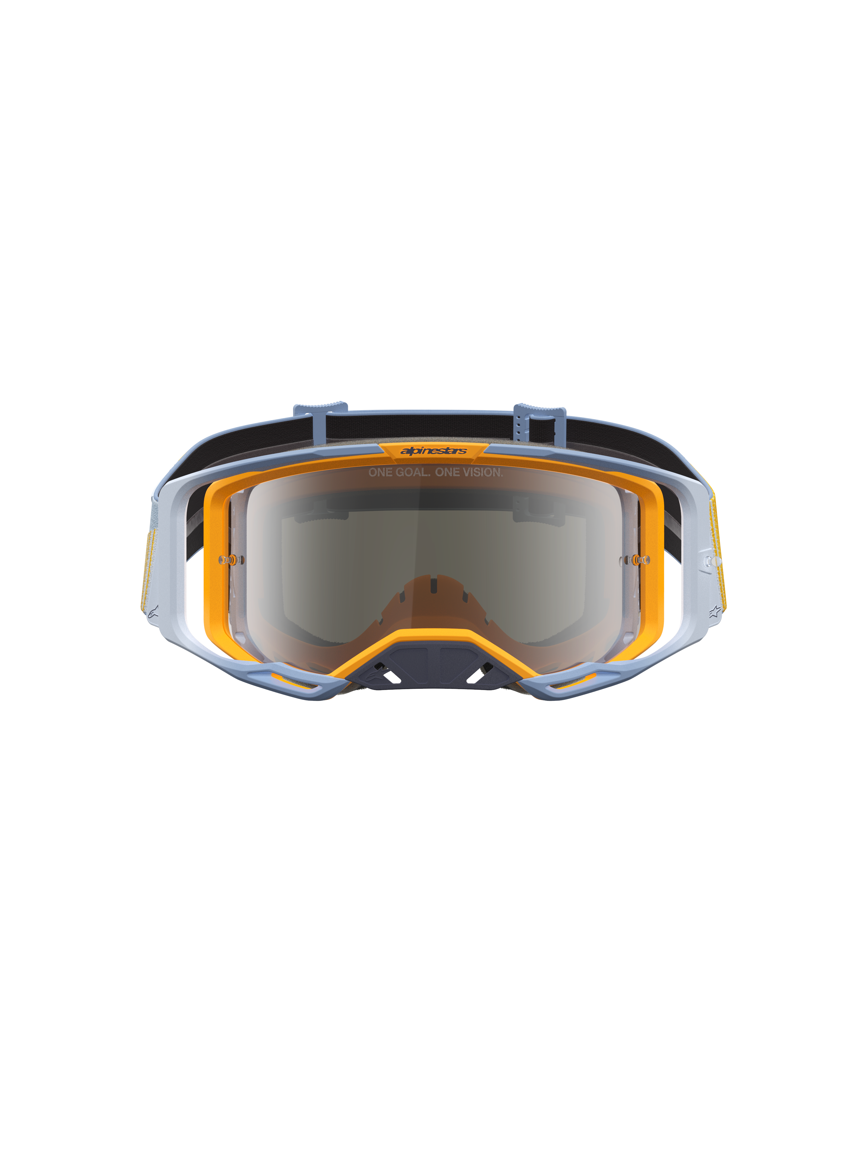 Alpinestars Vision 8 Maven veiligheidsbril voor motorcross, stofblauw en oranje, zilveren spiegellens en RAM-AIR ventilatie.