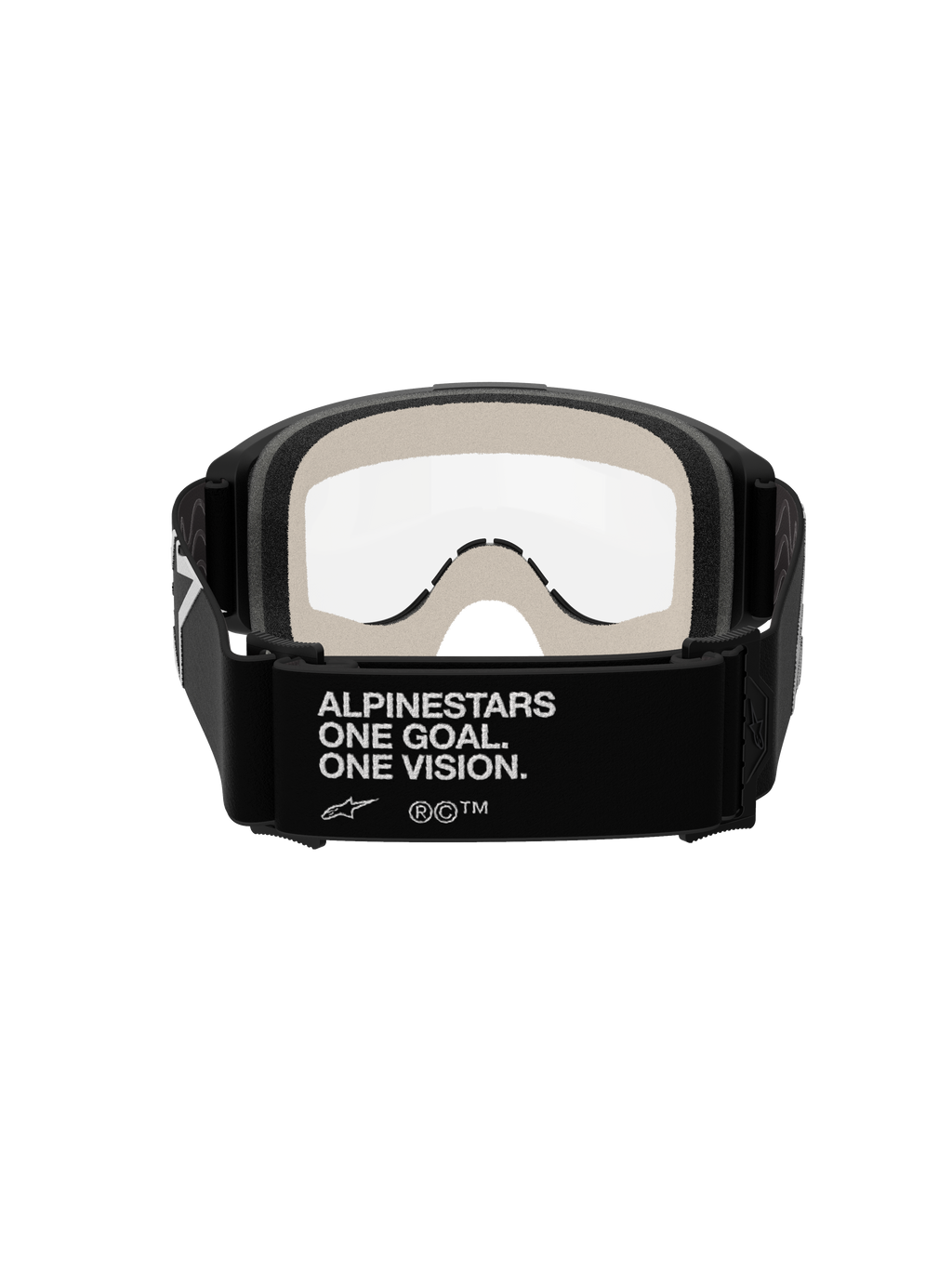 Alpinestars Vision 5 Corp Goggles, motorcrossbril, zwart en helder, achteraanzicht met de zwarte band met witte 'ALPINESTARS ONE GOAL. ONE VISION.' branding, lichtgrijs gezichtsschuim en heldere anti-condens lens.