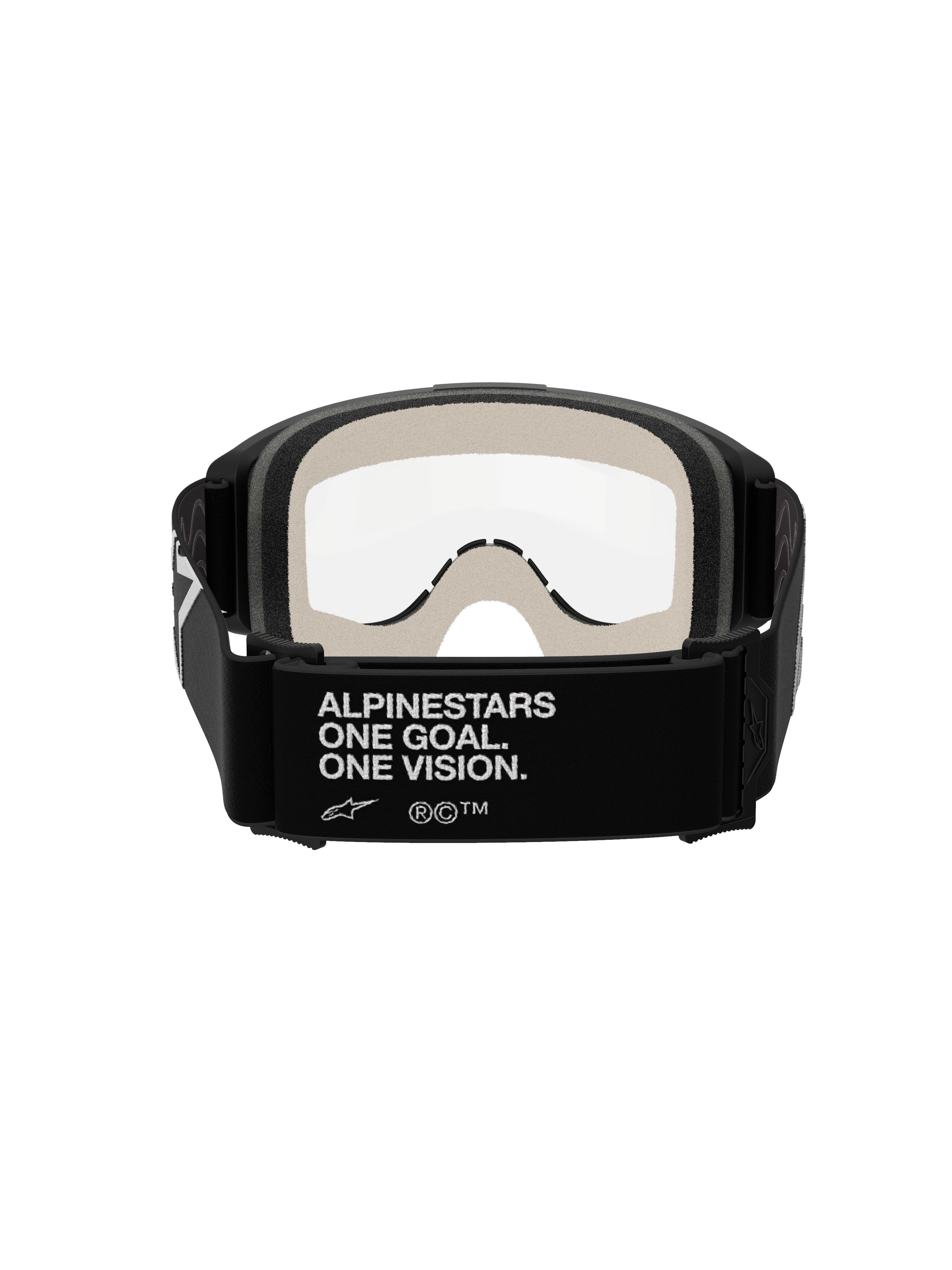 Alpinestars Vision 5 Corp Goggles, motorcrossbril, zwart en helder, achteraanzicht met de zwarte band met witte 'ALPINESTARS ONE GOAL. ONE VISION.' branding, lichtgrijs gezichtsschuim en heldere anti-condens lens.