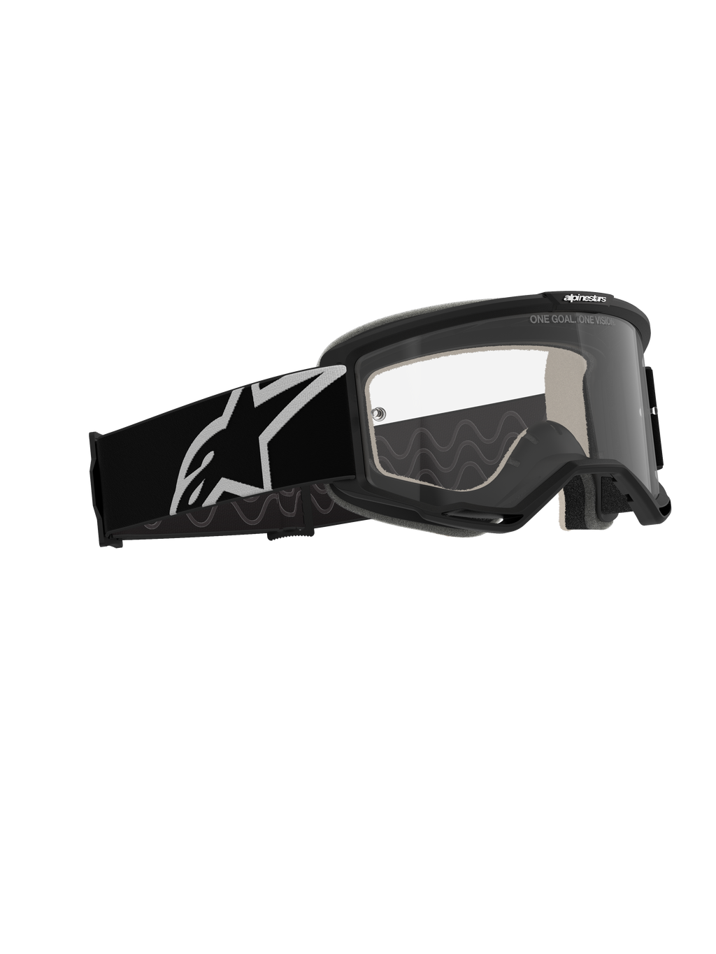 Alpinestars Vision 5 Corp Goggles, motorcrossbril, zwart frame met heldere anti-condens lens, brede zwarte band met een wit Astars-logo, hoogwaardige off-road eyewear met RAM-AIR ventilatie