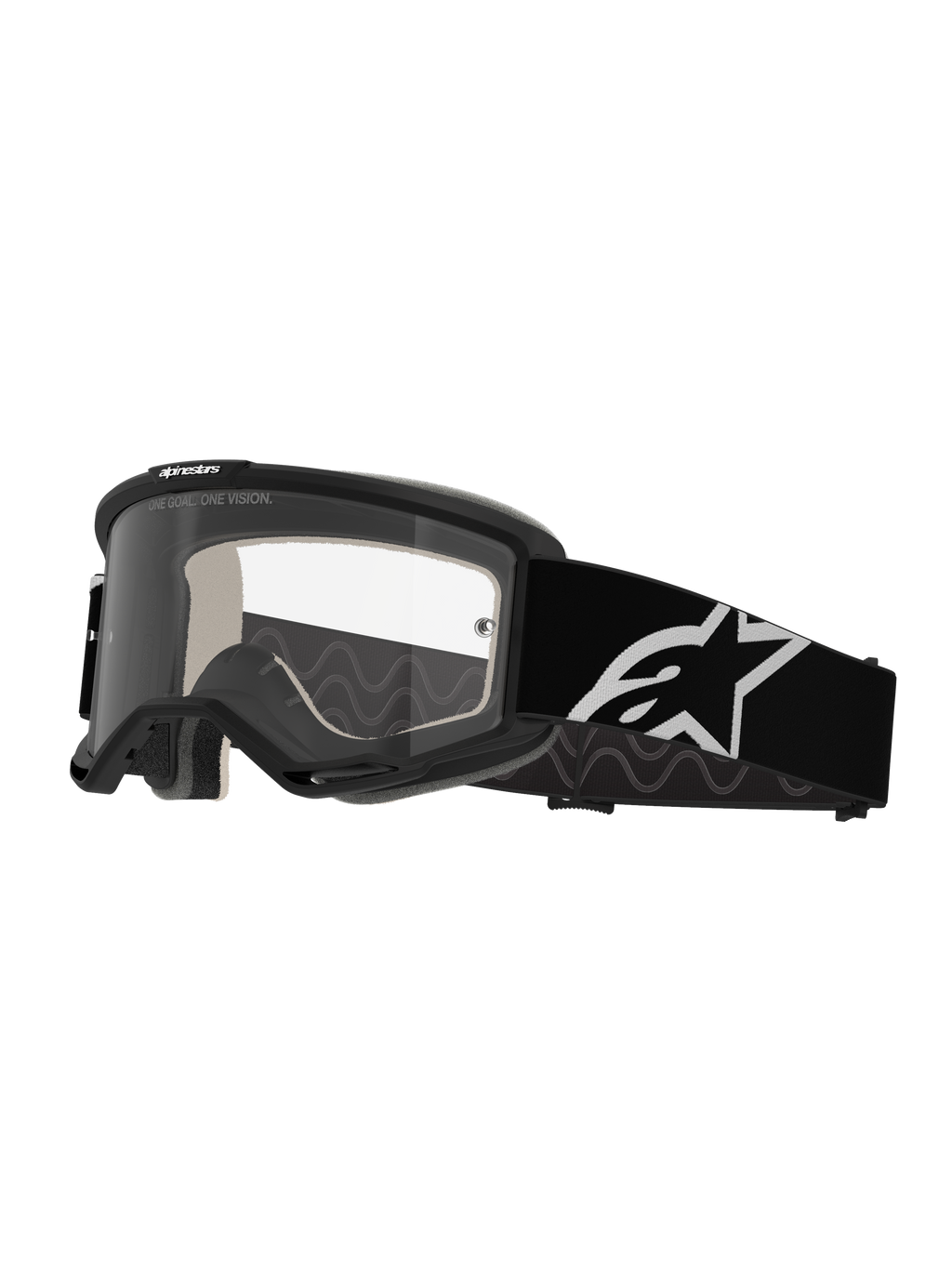 Alpinestars Vision 5 Corp Goggles, motorcrossbril, zwart en transparant, voorzien van een heldere anti-condens lens, zwart frame met RAM-AIR ventilatie en een brede zwarte band met een wit sterlogo, ontworpen voor off-road racen.