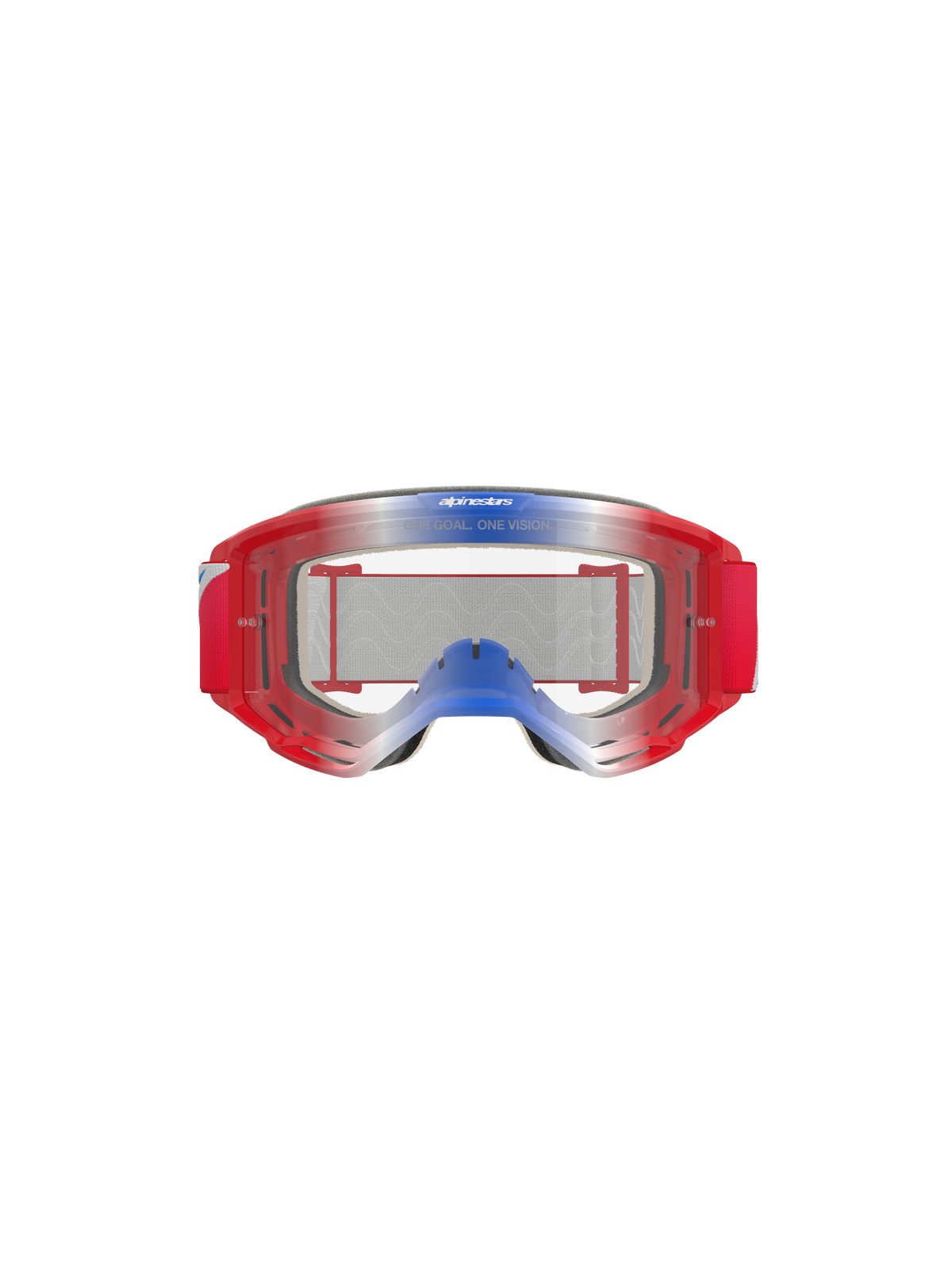 Alpinestars Vision 5 Corp Goggles, motorcrossbril, rood, wit en blauw met heldere lens, rood frame met blauwe en witte kleurverloopaccenten, rode geweven band, voorzien van 'ONE GOAL. ONE VISION.' branding op de lens, duurzame oogbescherming voor off-road racen