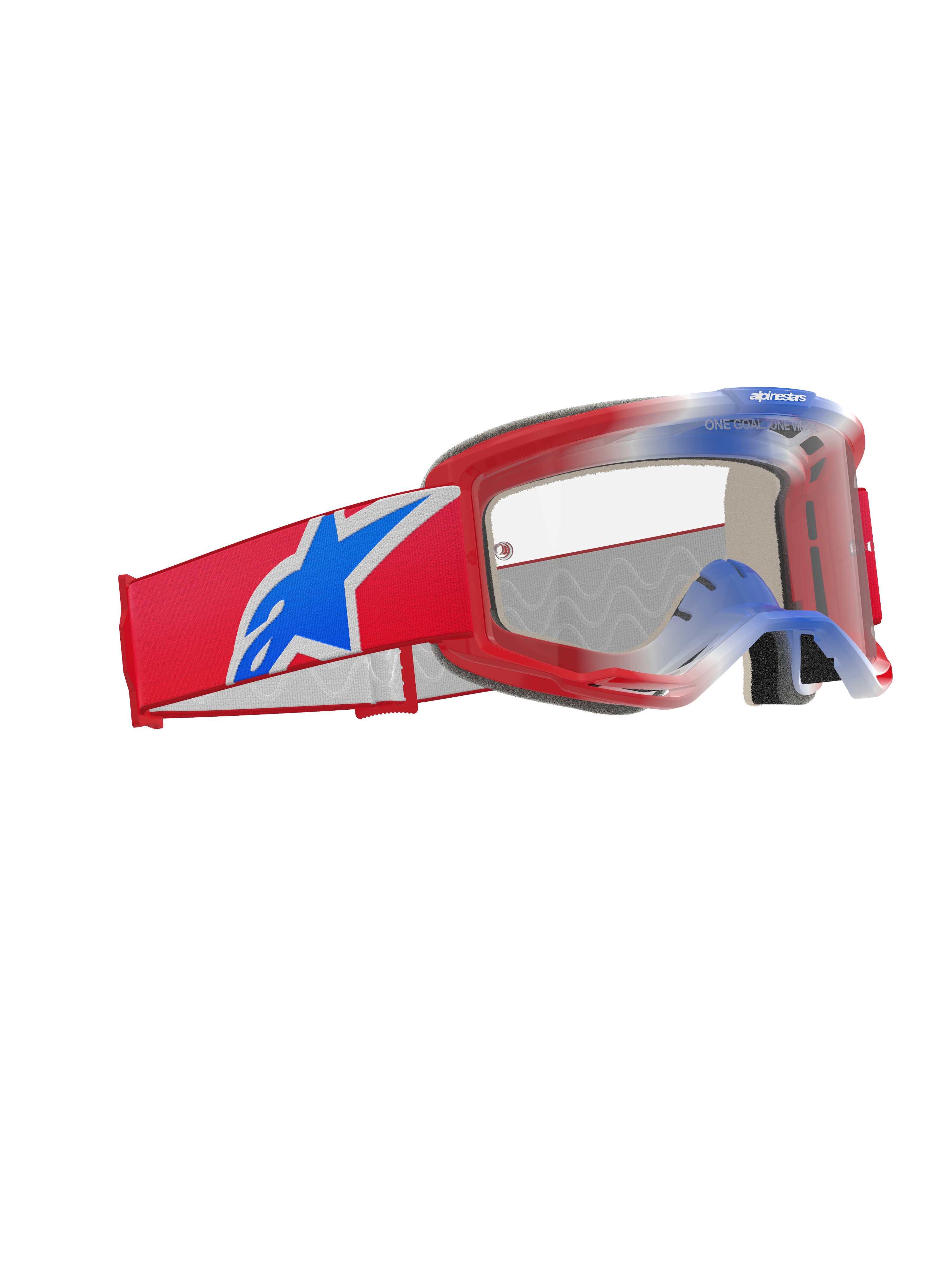 Alpinestars Vision 5 Corp Goggles, motorcrossbril, rood, wit en blauw met heldere lens, voorzien van een brede rode geweven band met een groot blauw Alpinestars sterlogo, lichtgewicht rood A-FLEX frame en hoogwaardige oogbescherming voor off-road racen