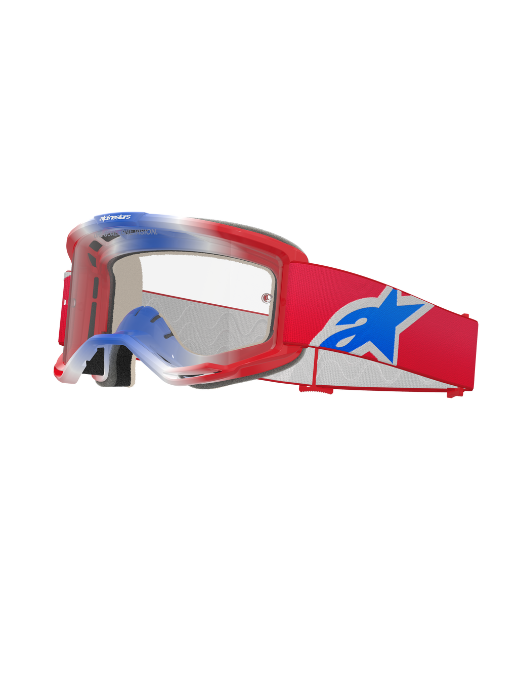 Alpinestars Vision 5 Corp crossbril, motorcrossbril, rood, wit en blauw, heldere lens, rood frame met blauwe en witte kleurverloopaccenten aan de bovenkant, rode band met groot blauw en wit Alpinestars sterlogo, meerlaagse schuimvulling, hoogwaardige racebril