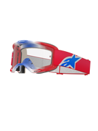 Alpinestars Vision 5 Corp crossbril, motorcrossbril, rood, wit en blauw, heldere lens, rood frame met blauwe en witte kleurverloopaccenten aan de bovenkant, rode band met groot blauw en wit Alpinestars sterlogo, meerlaagse schuimvulling, hoogwaardige racebril