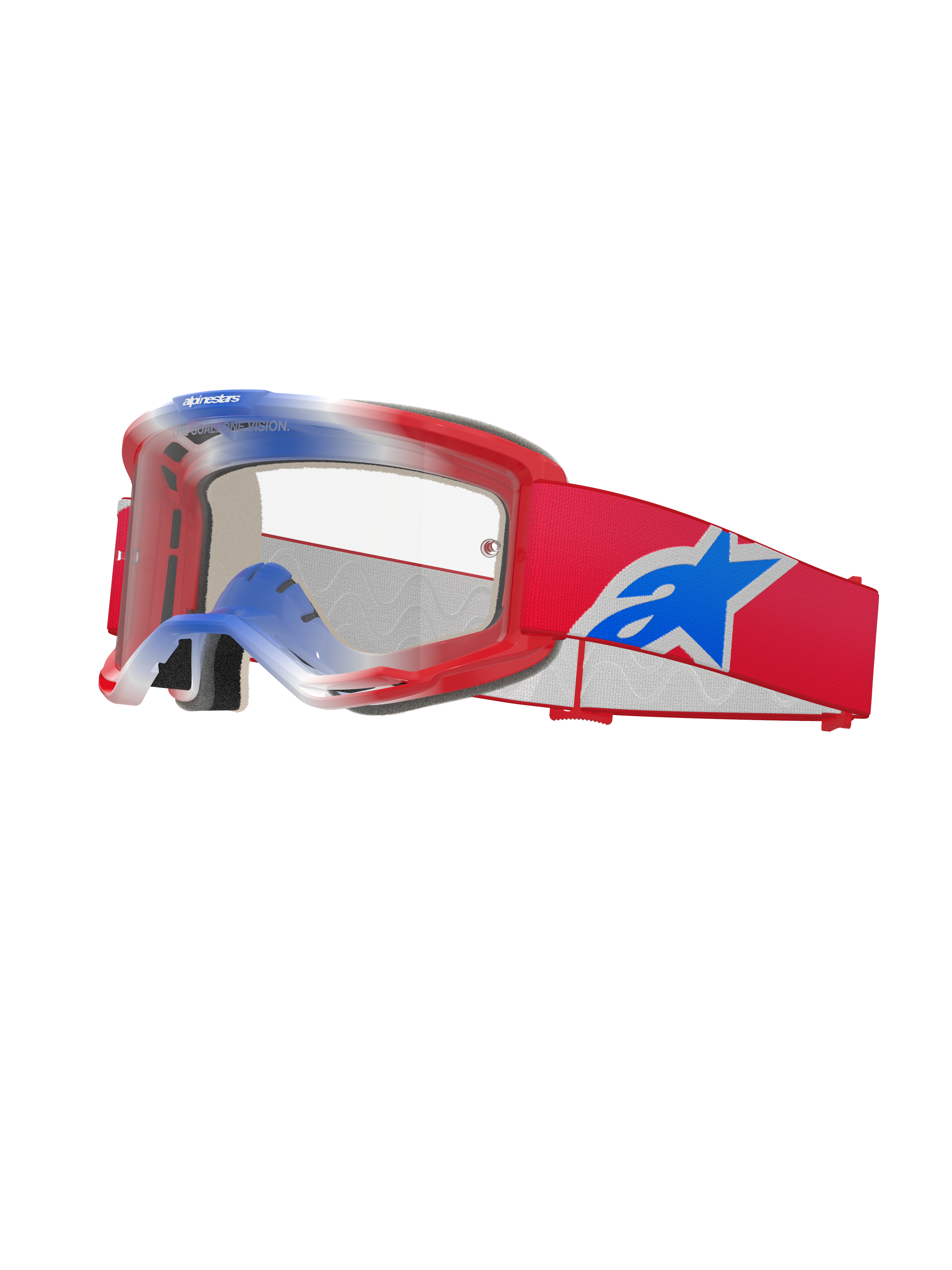 Alpinestars Vision 5 Corp crossbril, motorcrossbril, rood, wit en blauw, heldere lens, rood frame met blauwe en witte kleurverloopaccenten aan de bovenkant, rode band met groot blauw en wit Alpinestars sterlogo, meerlaagse schuimvulling, hoogwaardige racebril